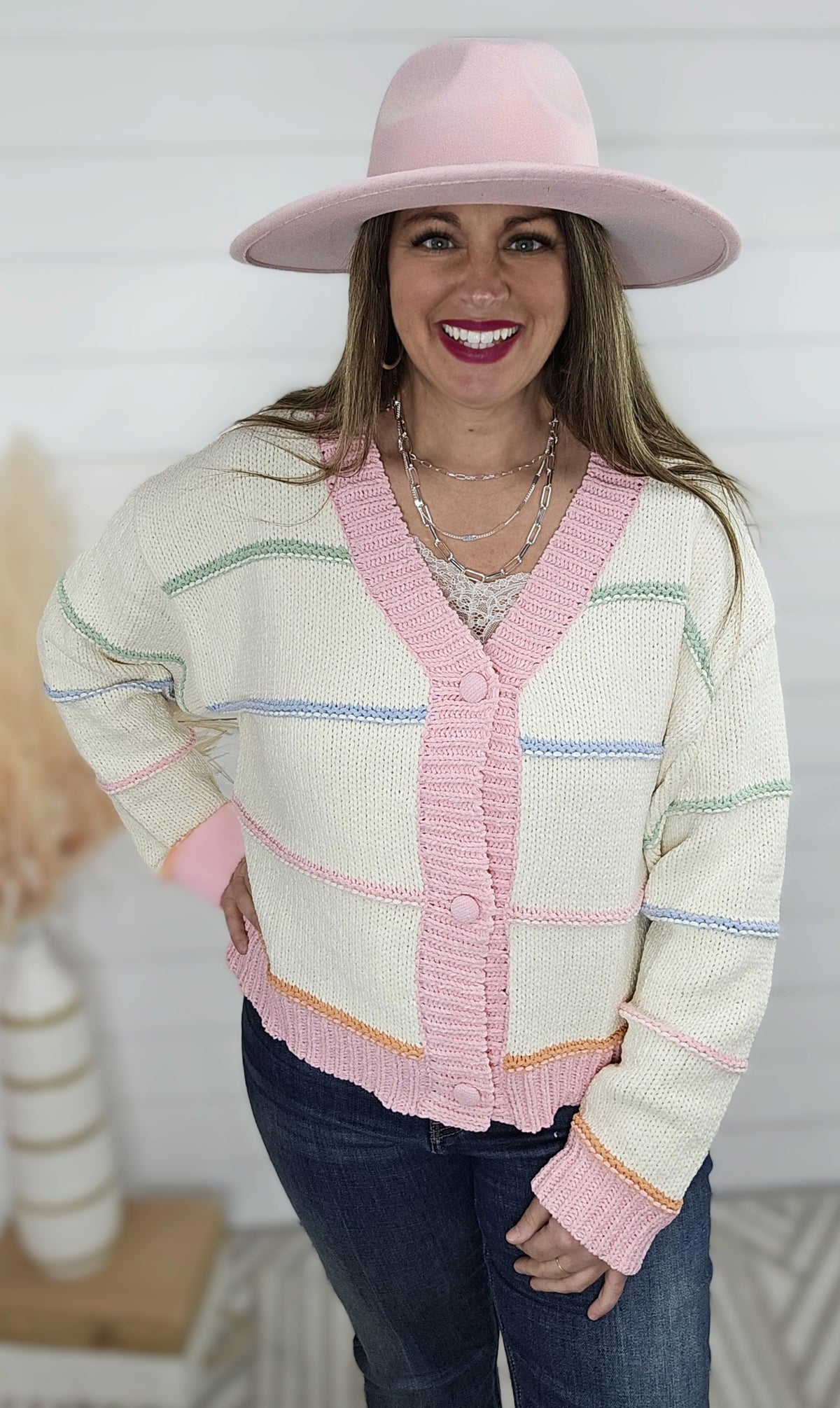 CREAM/PINK BUTTON KNIT CARDIGAN