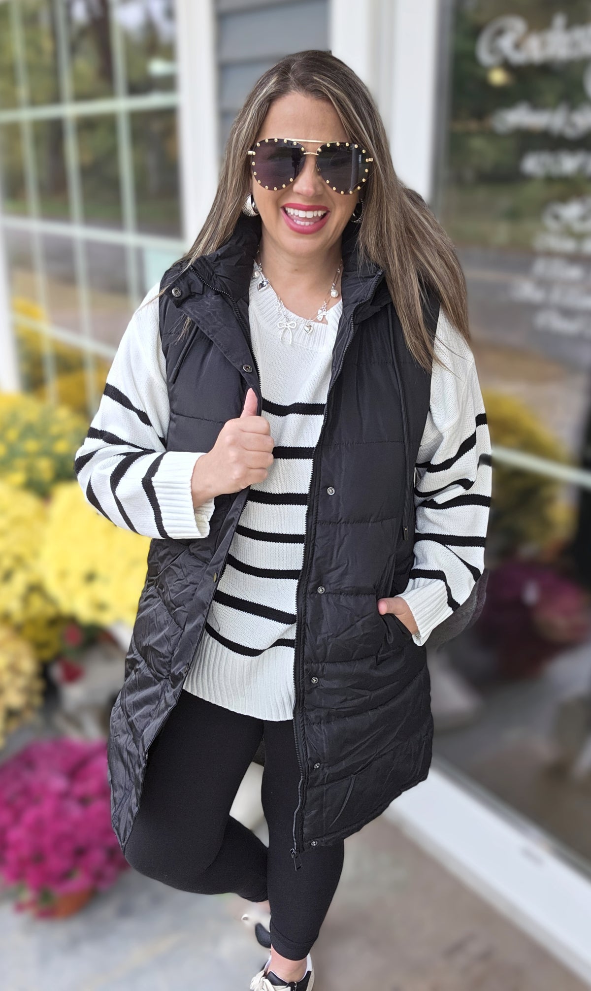 BLACK LONG HOODED PUFF VEST W/ SIDE ZIPPER