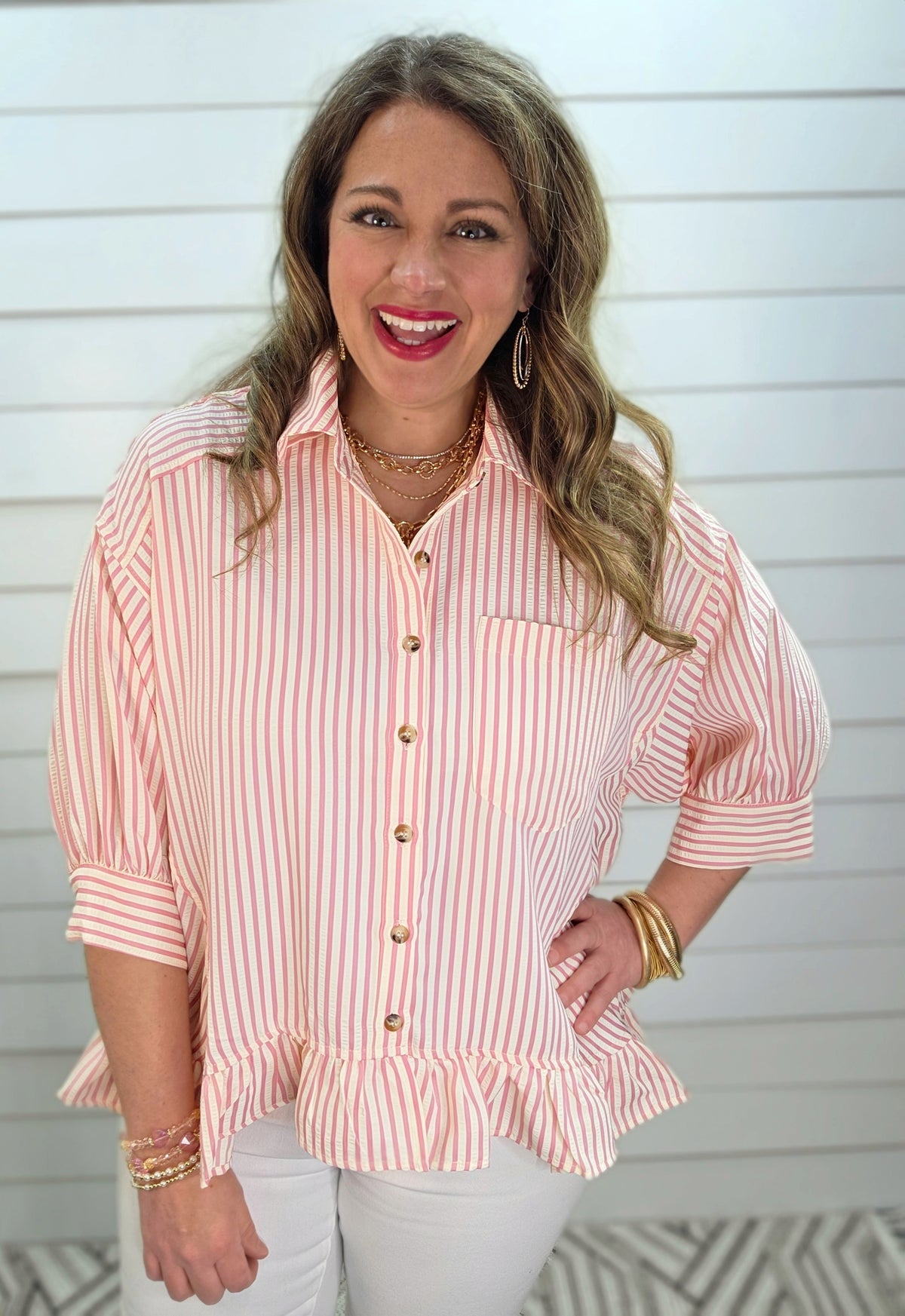 PINK STRIPED BUTTON DOWN RUFFLE TOP