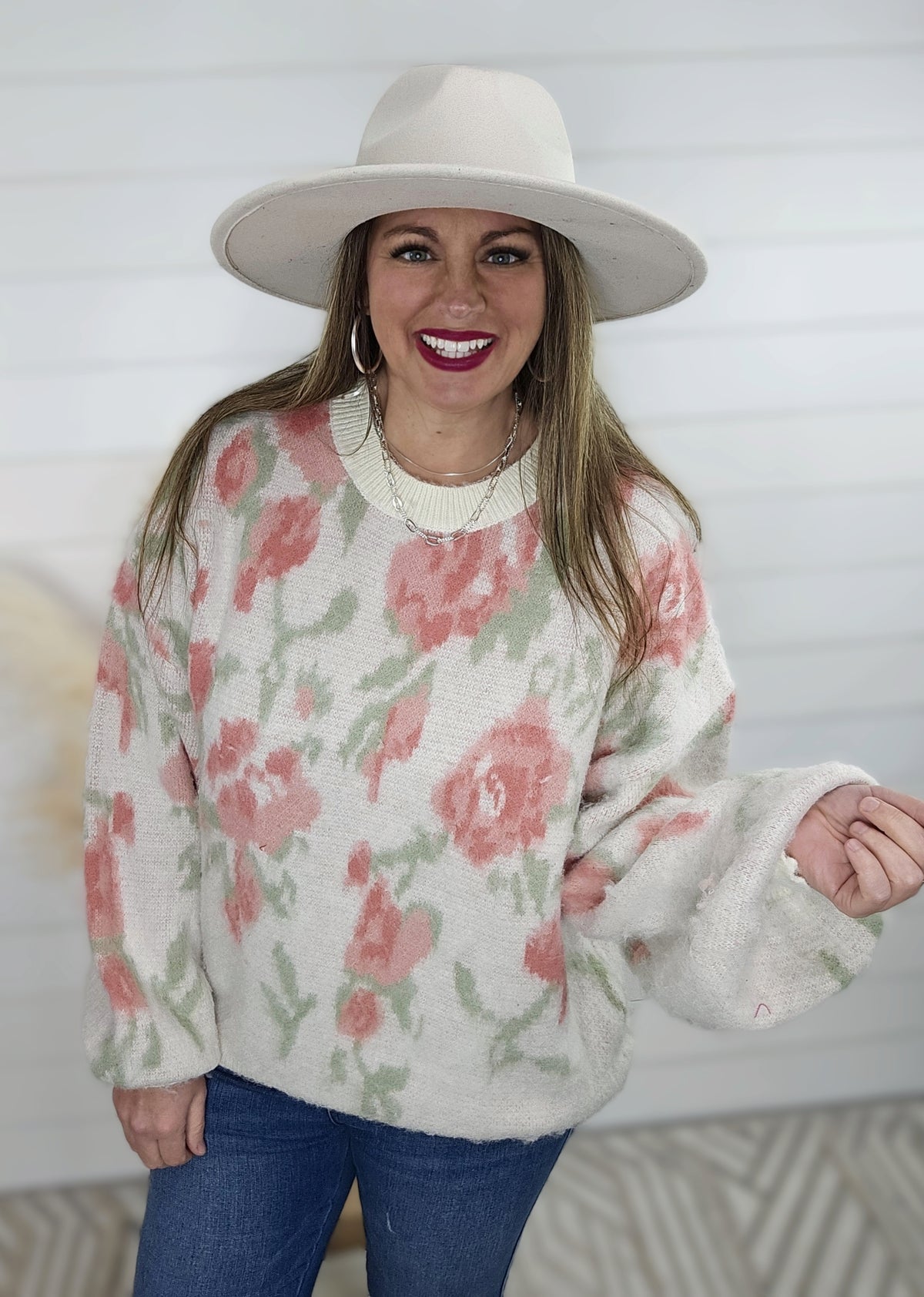 IVORY ROSE FUZZY KNIT SWEATER