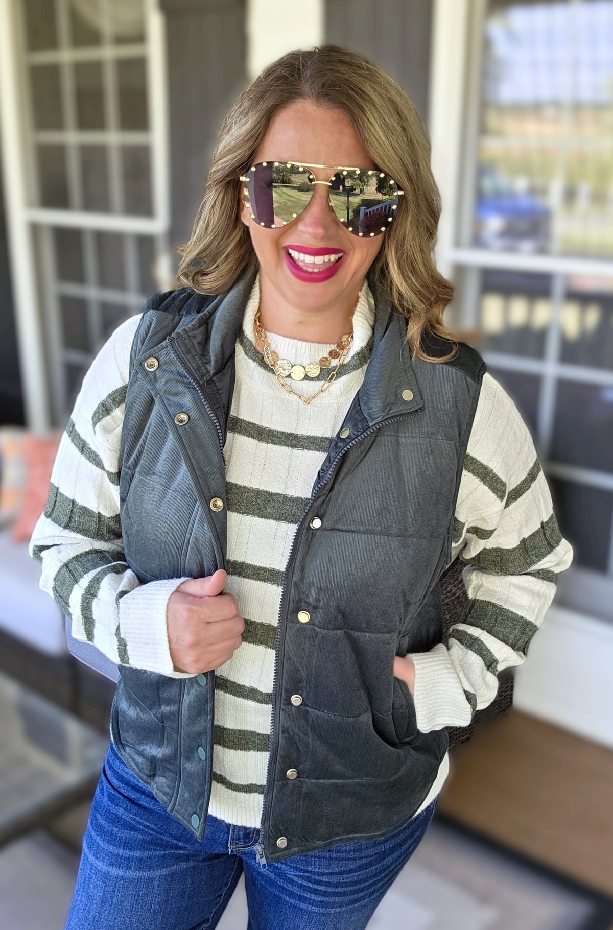 DK GREEN MINI CORD SNAP/ZIPPER VEST