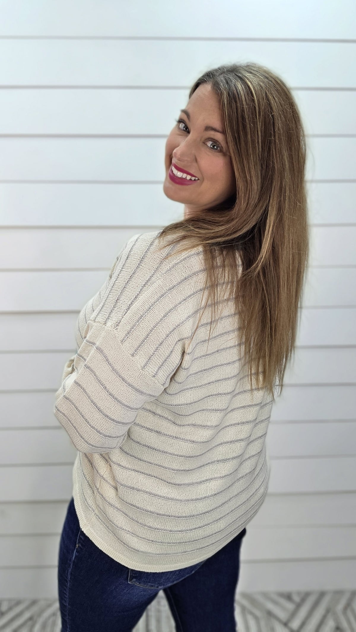 IVORY/JADE Color Accent Rib Band, Long Sleeve, Striped V Neck LIGHT WEIGHT SWEATER