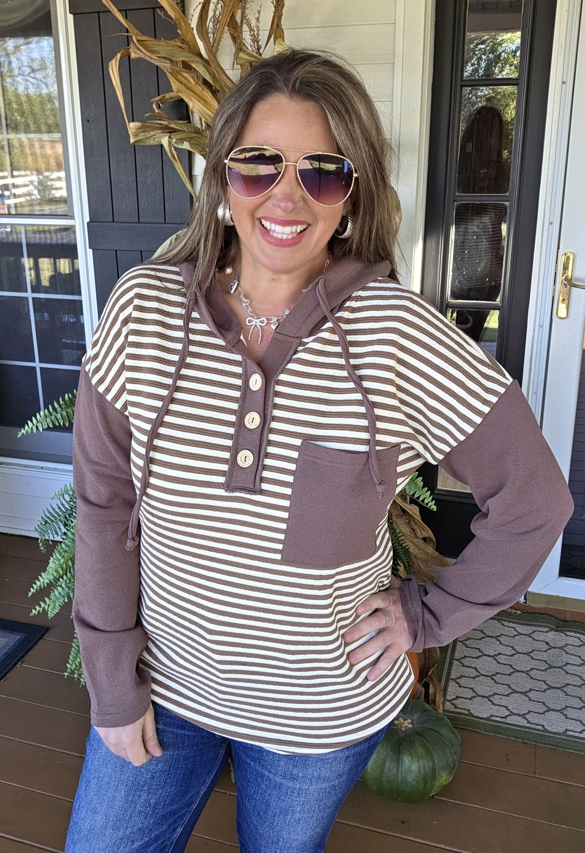 BROWN STRIPED CONTRAST KNIT BUTTON TRIM HOODIE