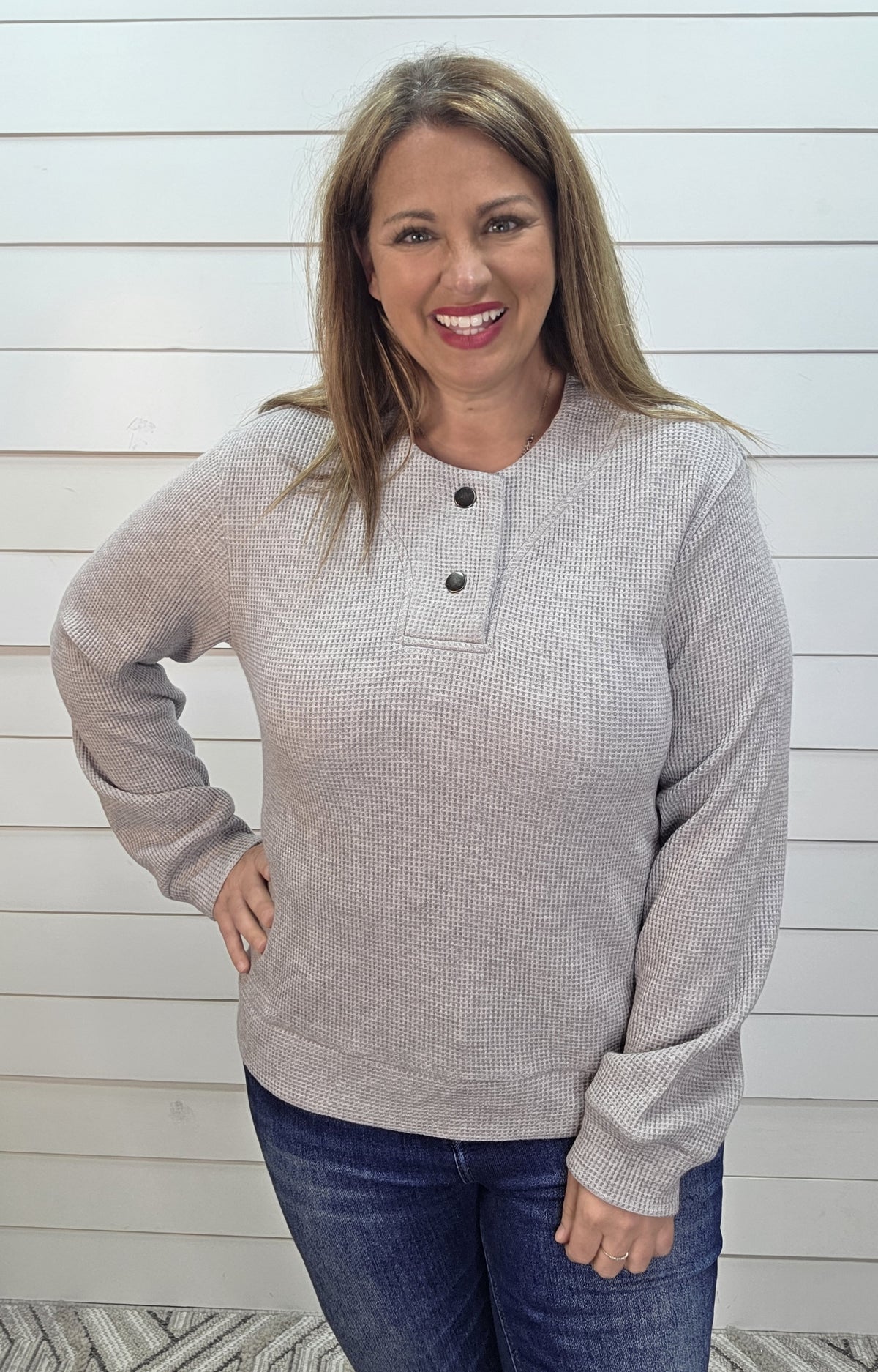 Heather Grey Waffle Knit Half Button Pullover