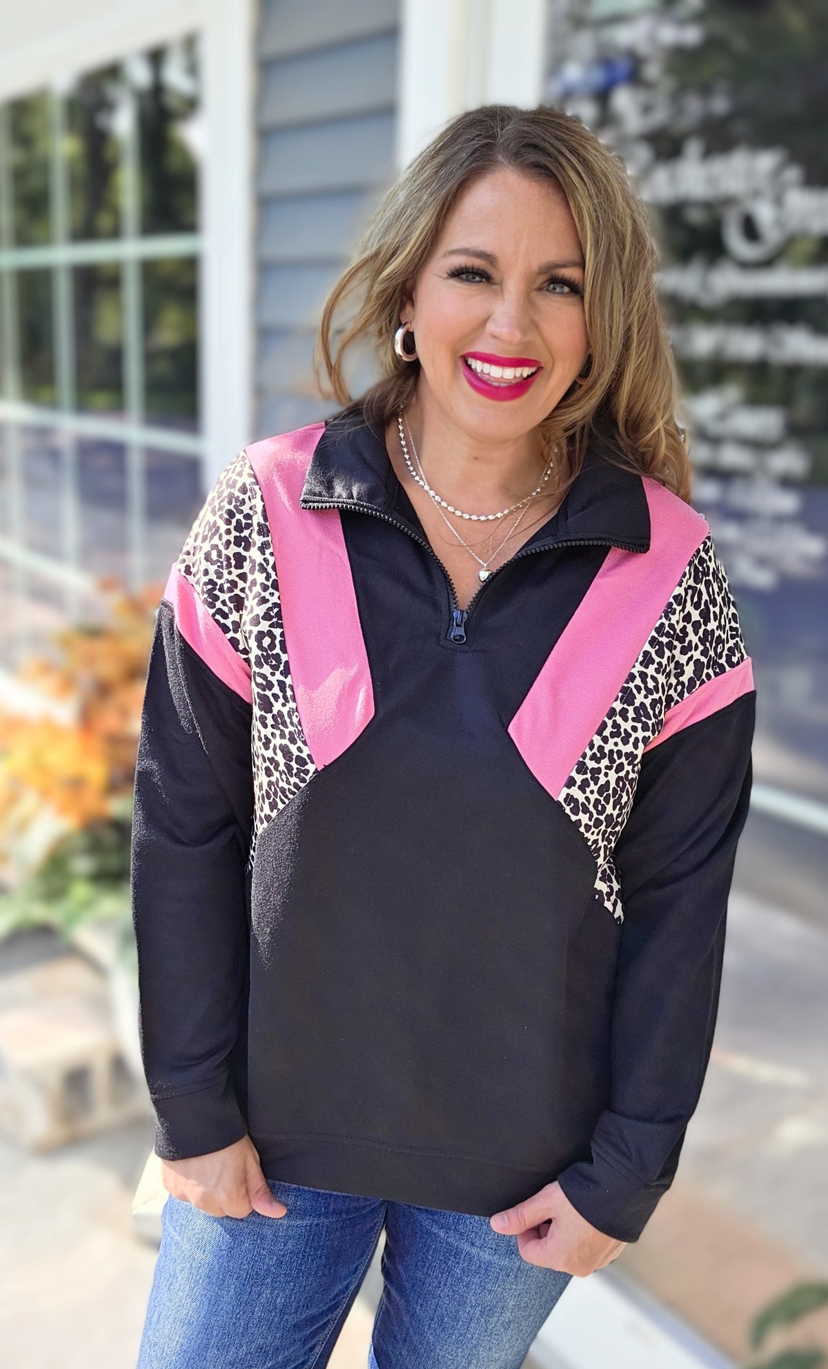 BLACK/PINK/LEOPARD COLORBLOCK FRENCH TERRY QUARTER ZIP PULLOVER