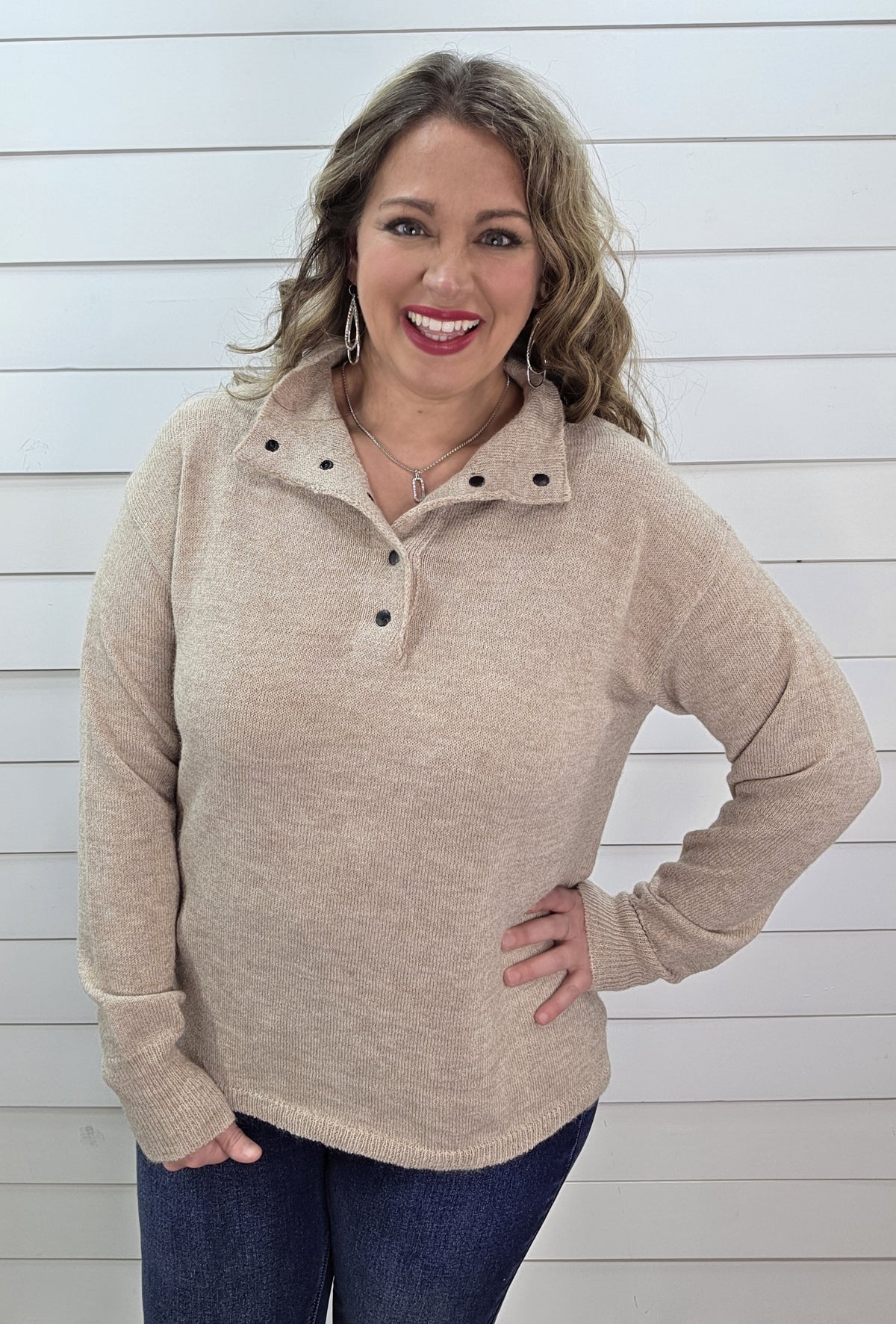 TAUPE QUARTER SNAP SOFT PULLOVER SWEATER