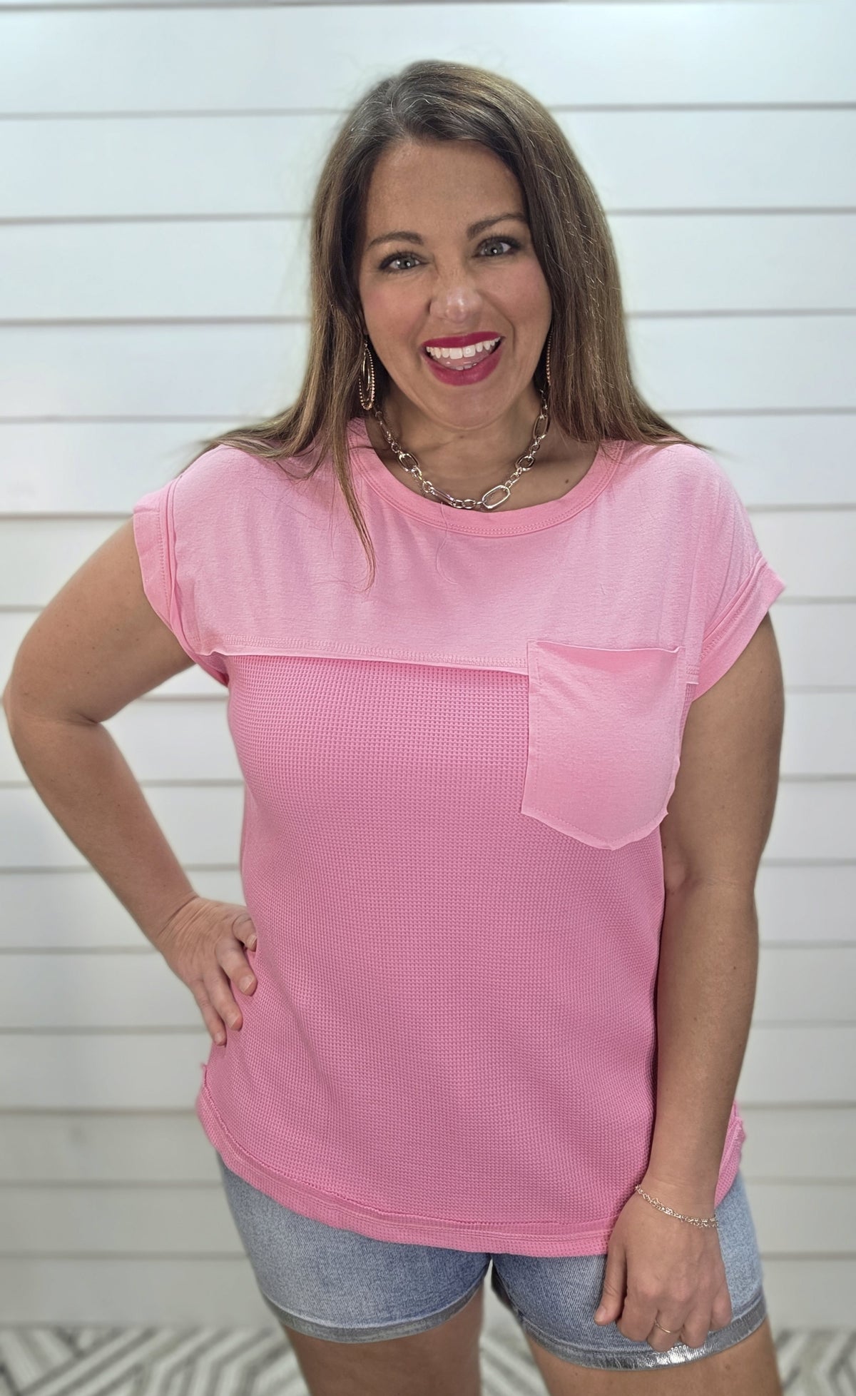 PINK WAFFLE CONTRAST KNIT POCKET TOP