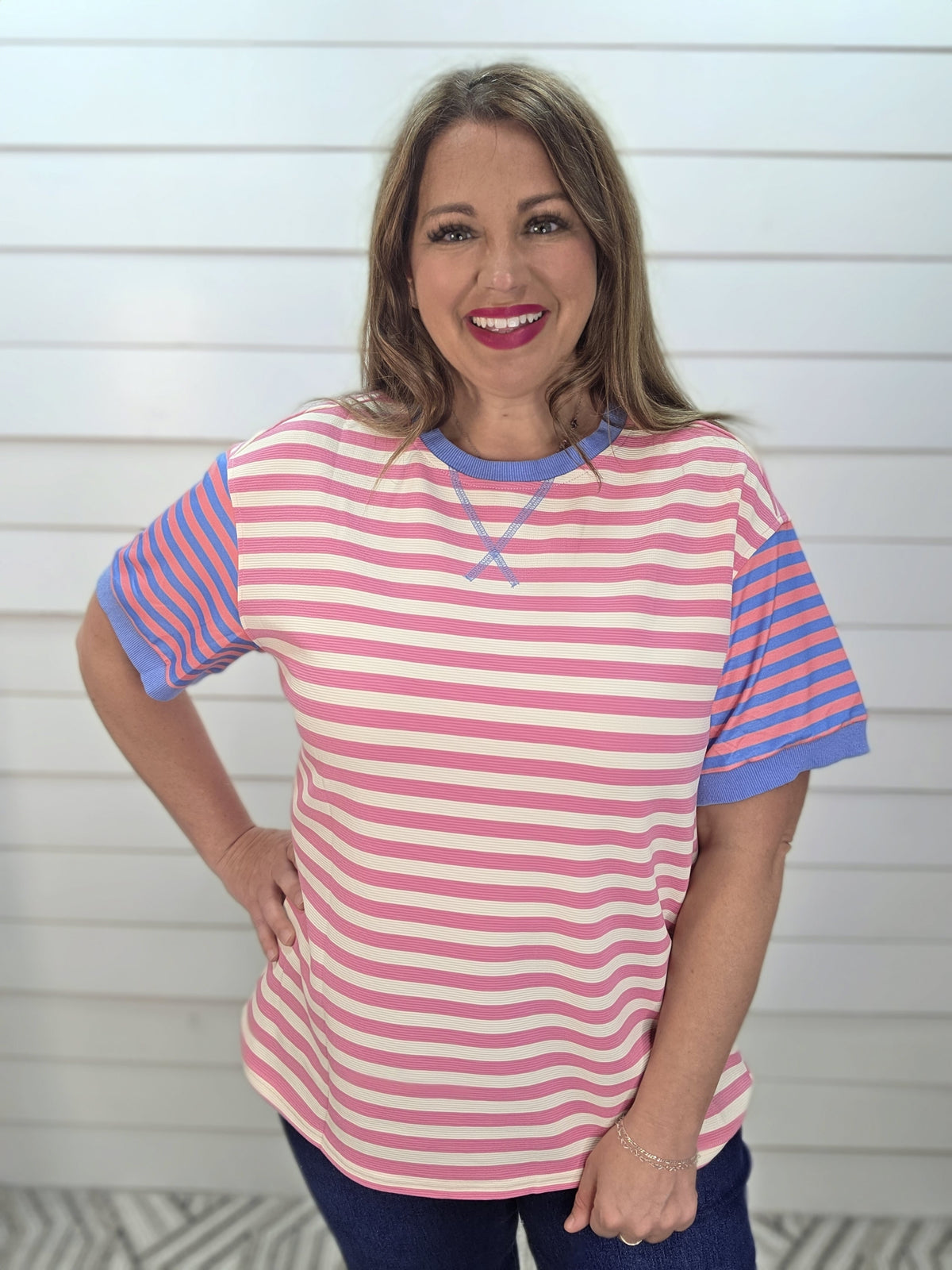 PINK STRIPED KNIT TOP W/ CONTRAST KNIT SLEEVES