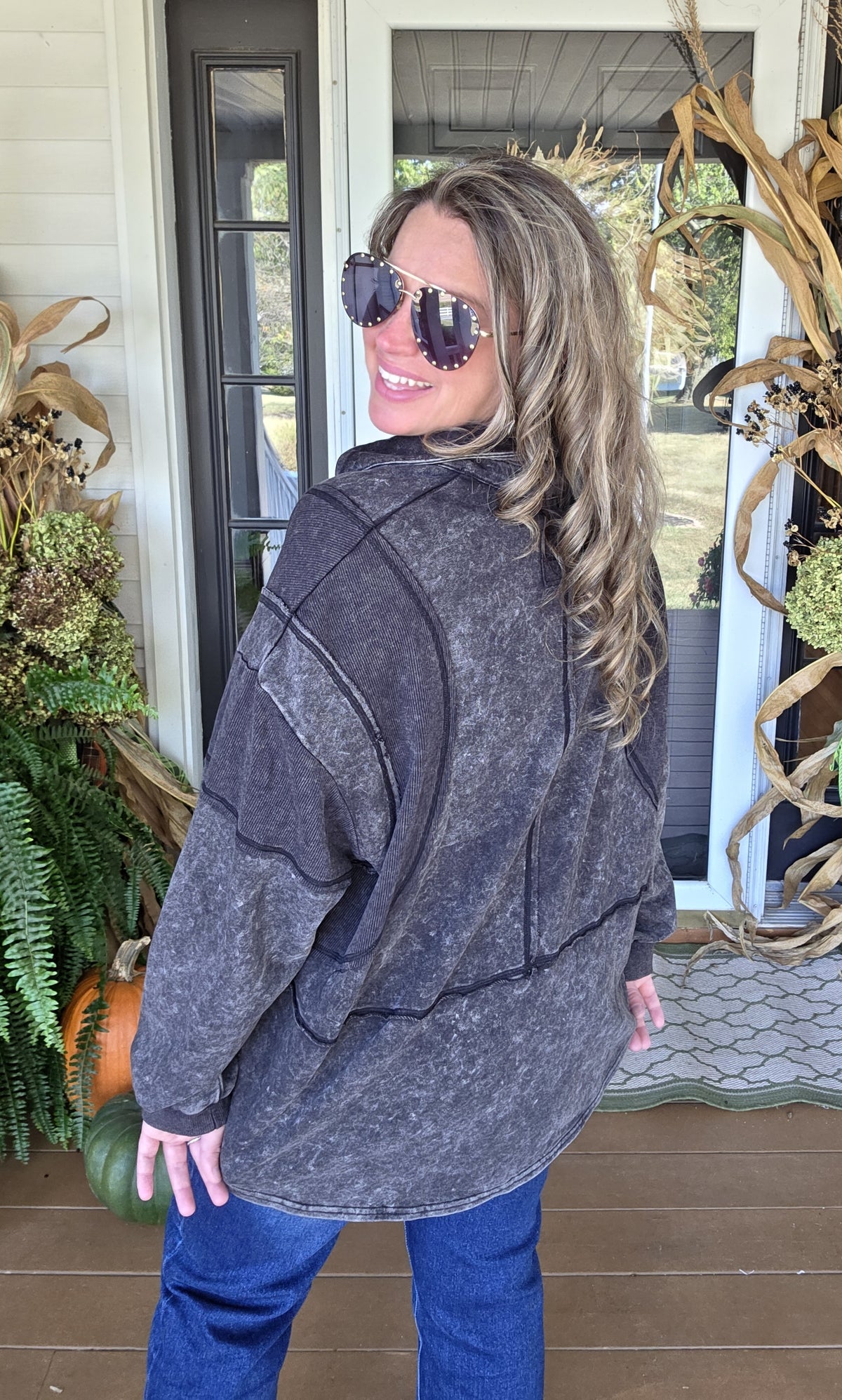 BLACK MINERAL WASH FRENCH TERRY PULLOVER WITH LAY DOWN COLLAR