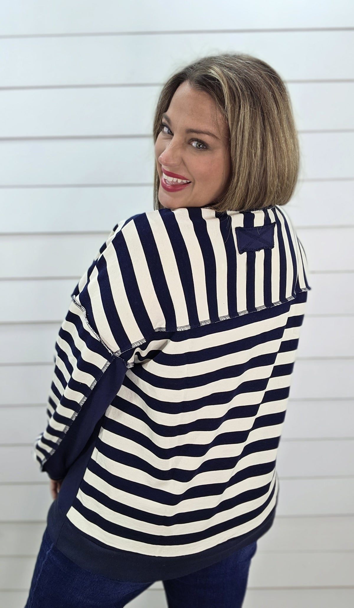 NAVY/CREAM STRIPED CONTRAST FRENCH TERRY PULLOVER