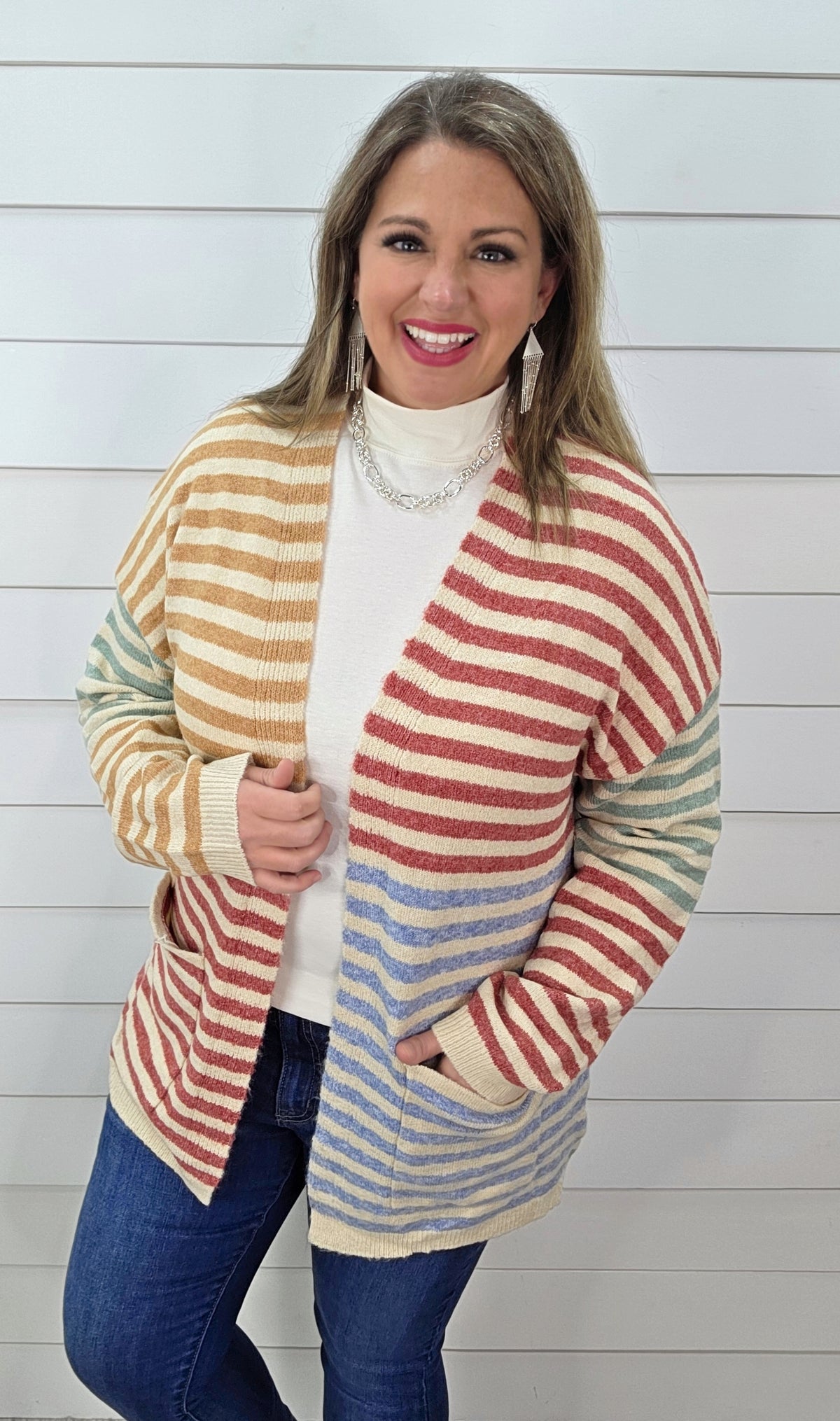 CAMEL/BERRY STRIPED COLORBLOCK KNIT CARDIGAN