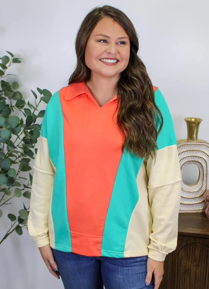 CORAL/JADE/CREAM COLORBLOCK V NECK PULLOVER