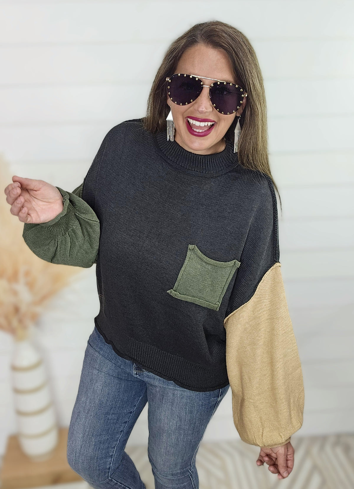 POL COLOR CONTRAST POCKET PULLOVER SWEATER