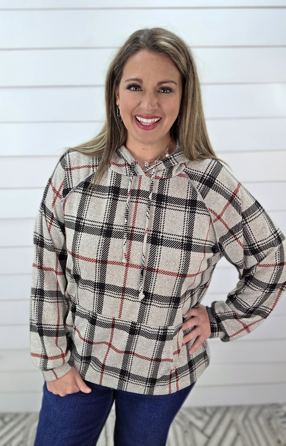 OATMEAL/BLACK/RED PLAID LIGHT WEIGHT HOODIE