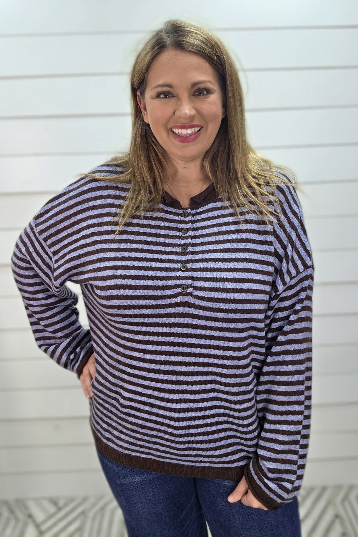 BLUE/BROWN STRIPED HENLEY SWEATER
