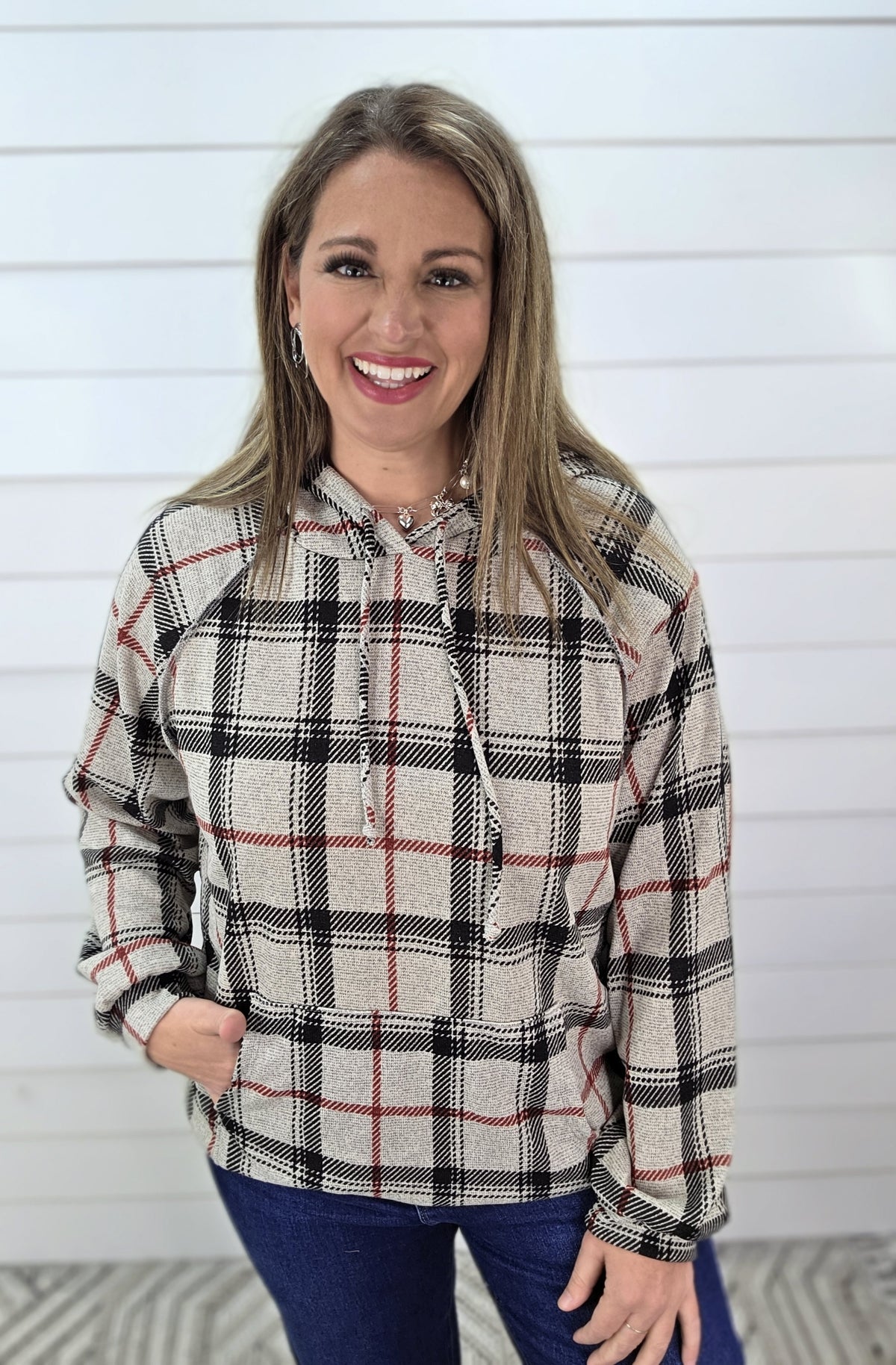 OATMEAL/BLACK/RED PLAID LIGHT WEIGHT HOODIE