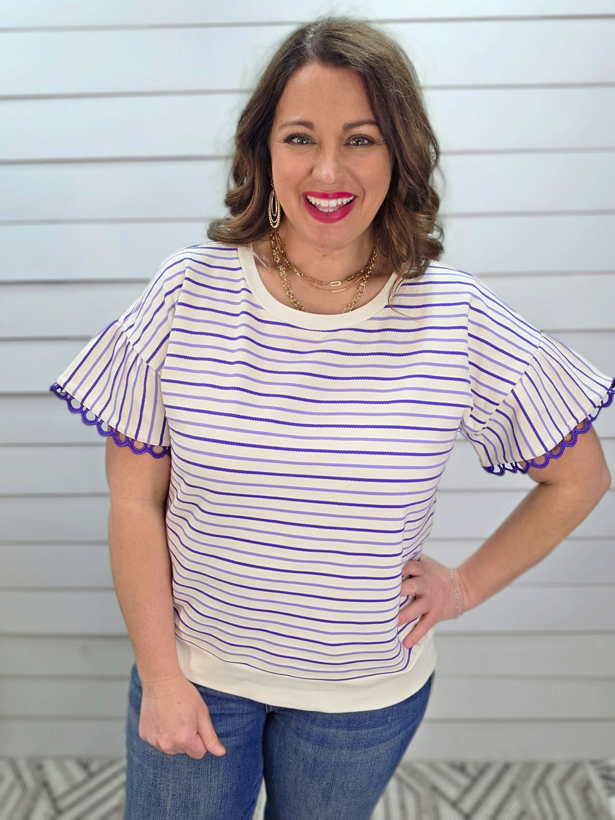 PURPLE/WHITE STRIPED KNIT TOP W/ RUFFLE SLEEVES