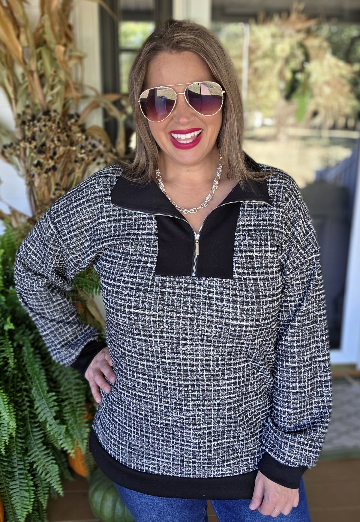 BLACK CHECK TWEED QUARTER ZIP PULLOVER