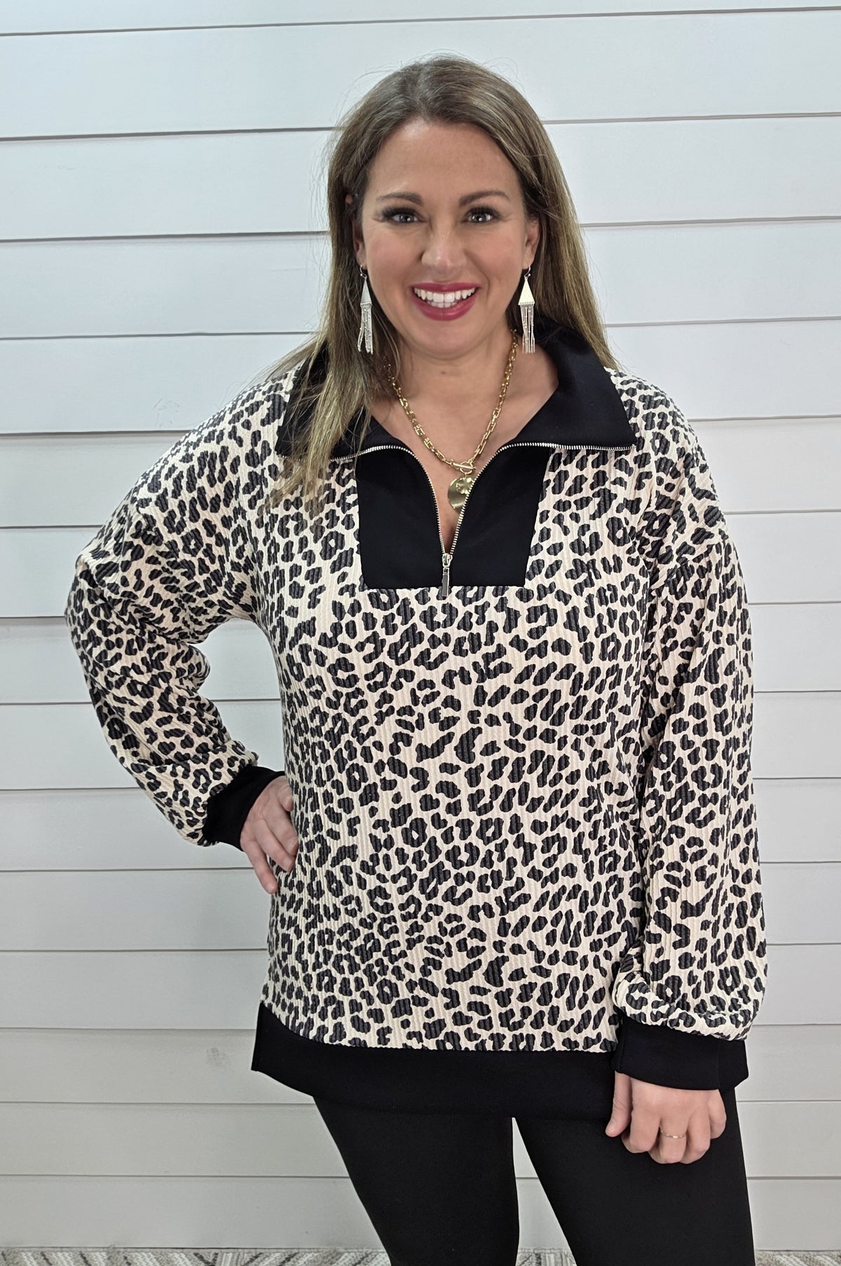 BEIGE/BLACK LEOPARD RAISED RIBBED QUARTER ZIP