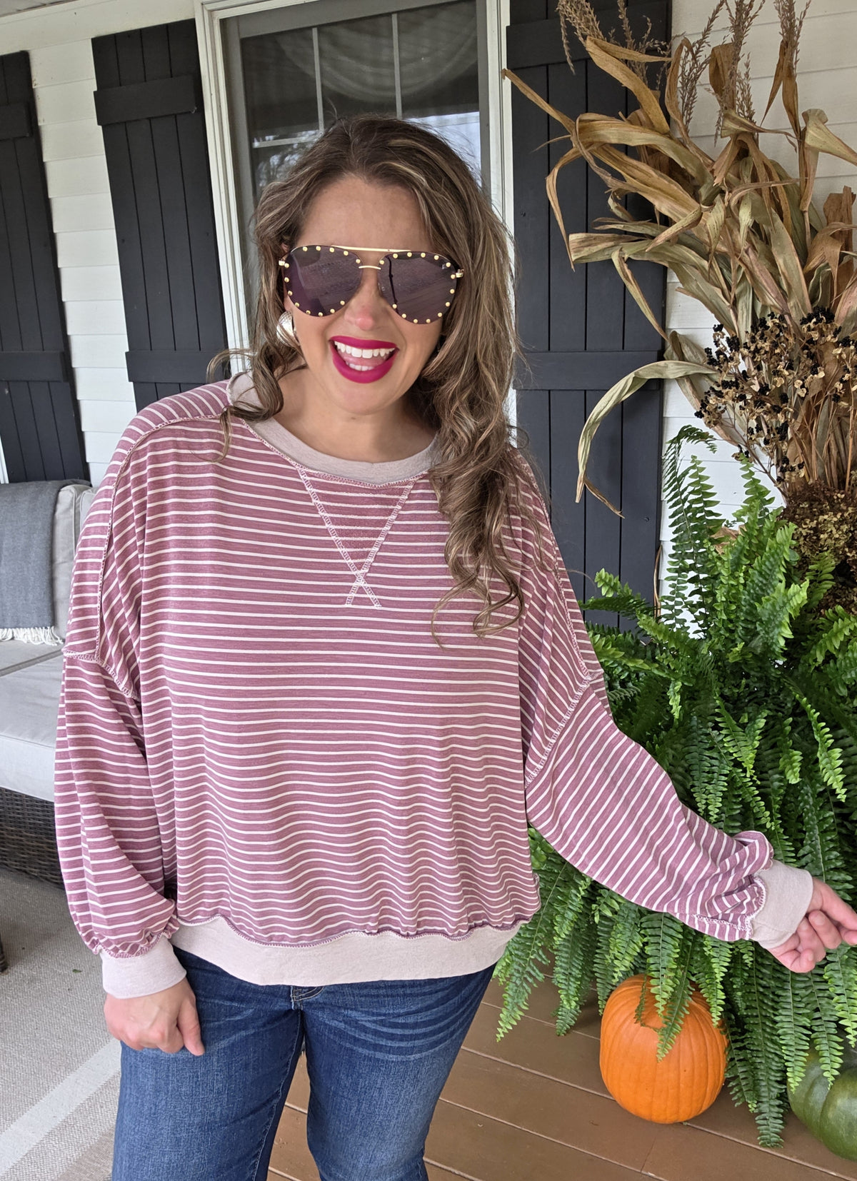 ROSE MAUVE STRIPED DROP SHOULDER LOOSE FIT TOP
