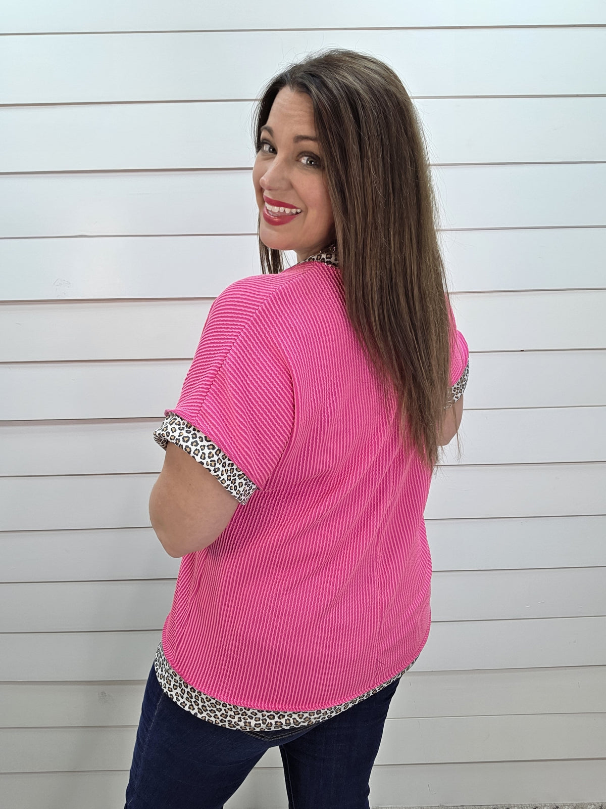 HOT PINK RAISED RIBBED TOP W/ LEOPARD TRIM