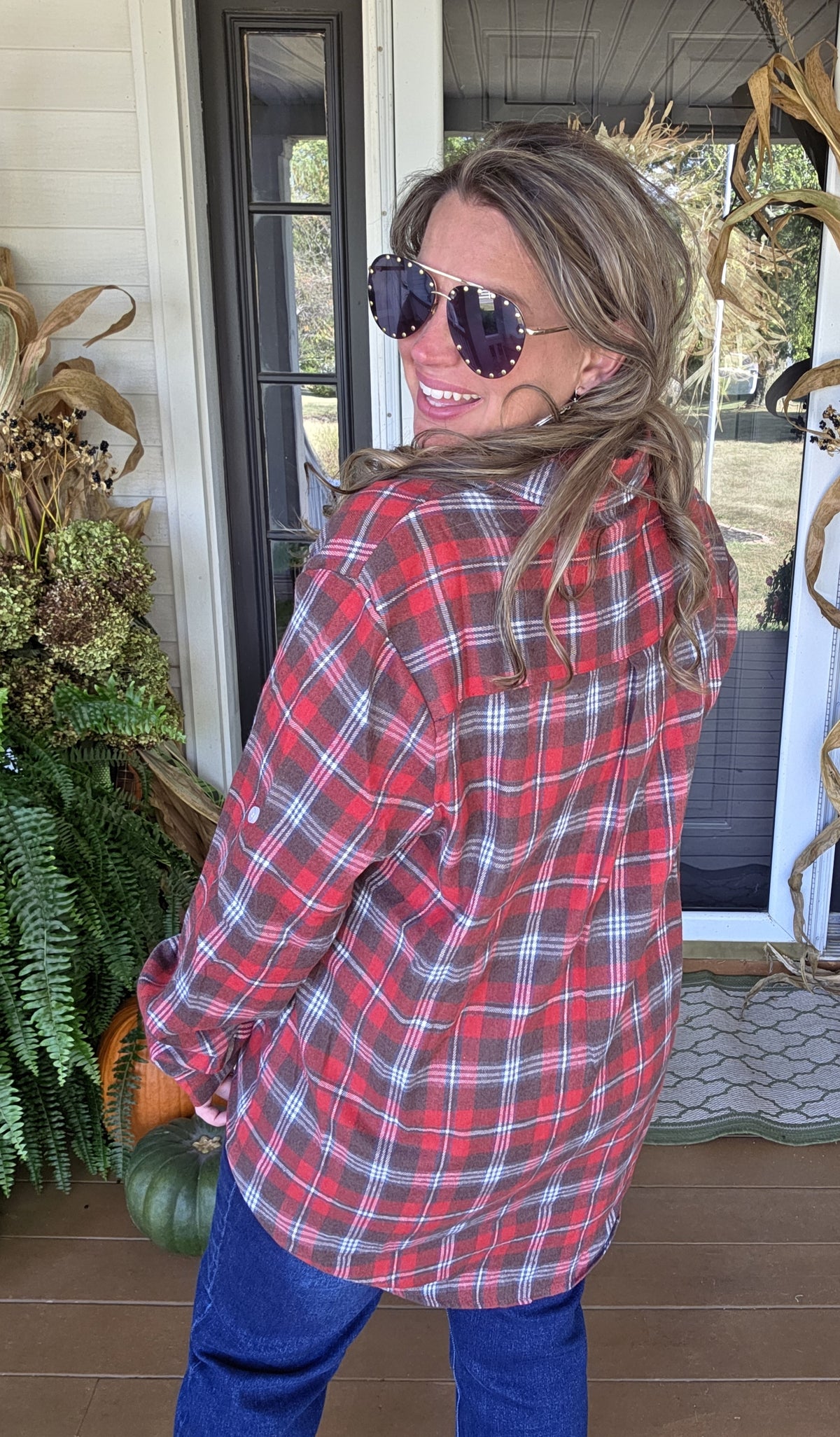RED CHECK PLAID BUTTON DOWN FLANNEL