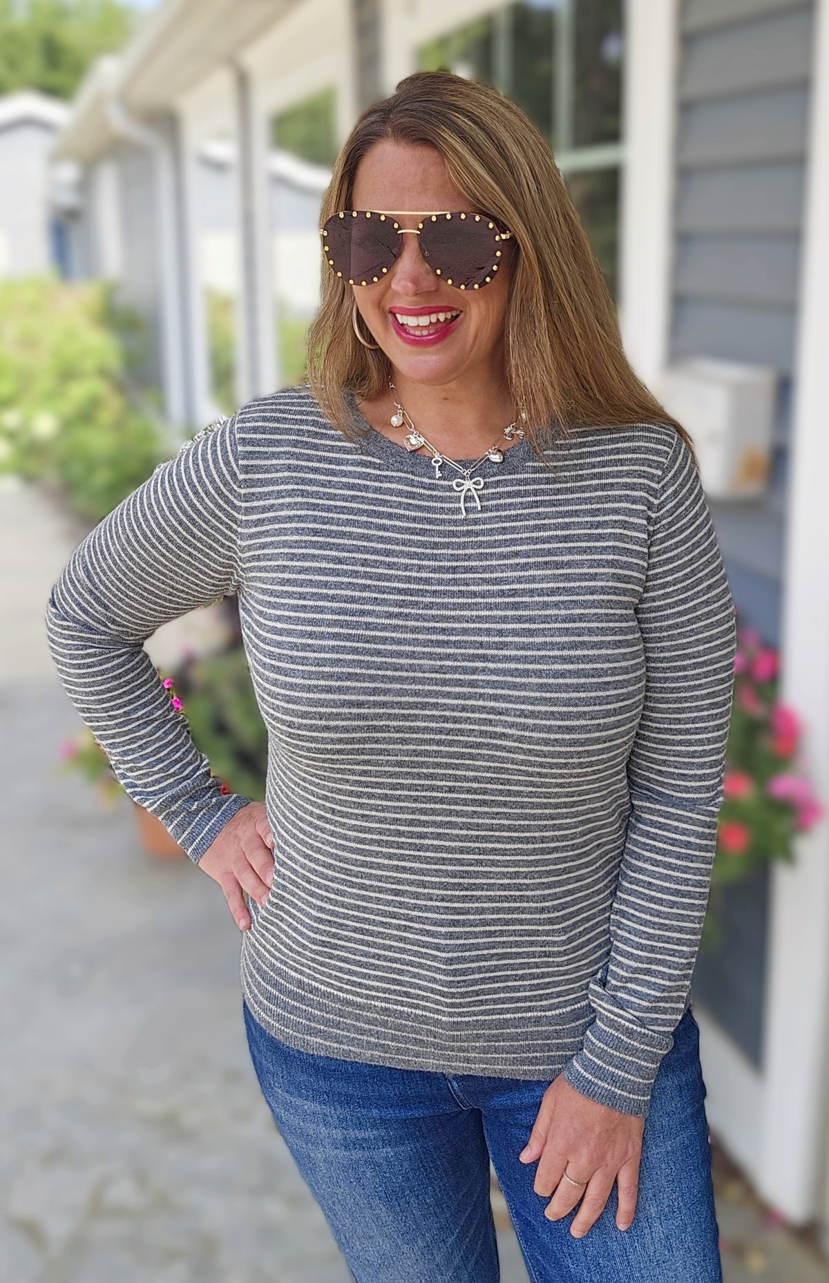 GREY/WHTIE STRIPED LIGHT WEIGHT SWEATER