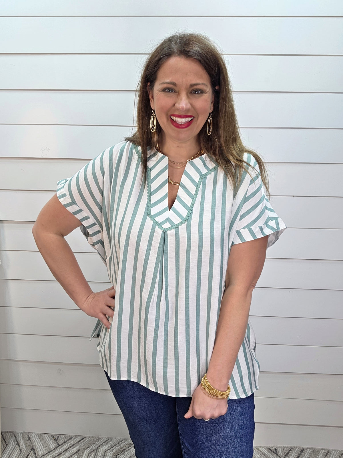 MINT STRIPED V NECK LOOSE FIT WOVEN TOP W/ LACE TRIM