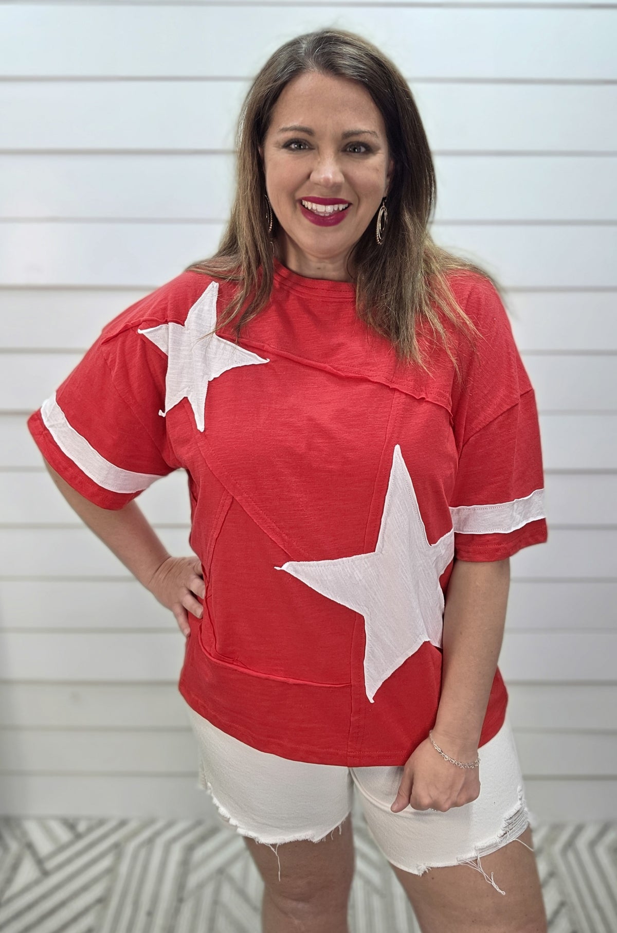 RED STAR PATCHWORK COTTON BLEND SLUB KNIT TOP