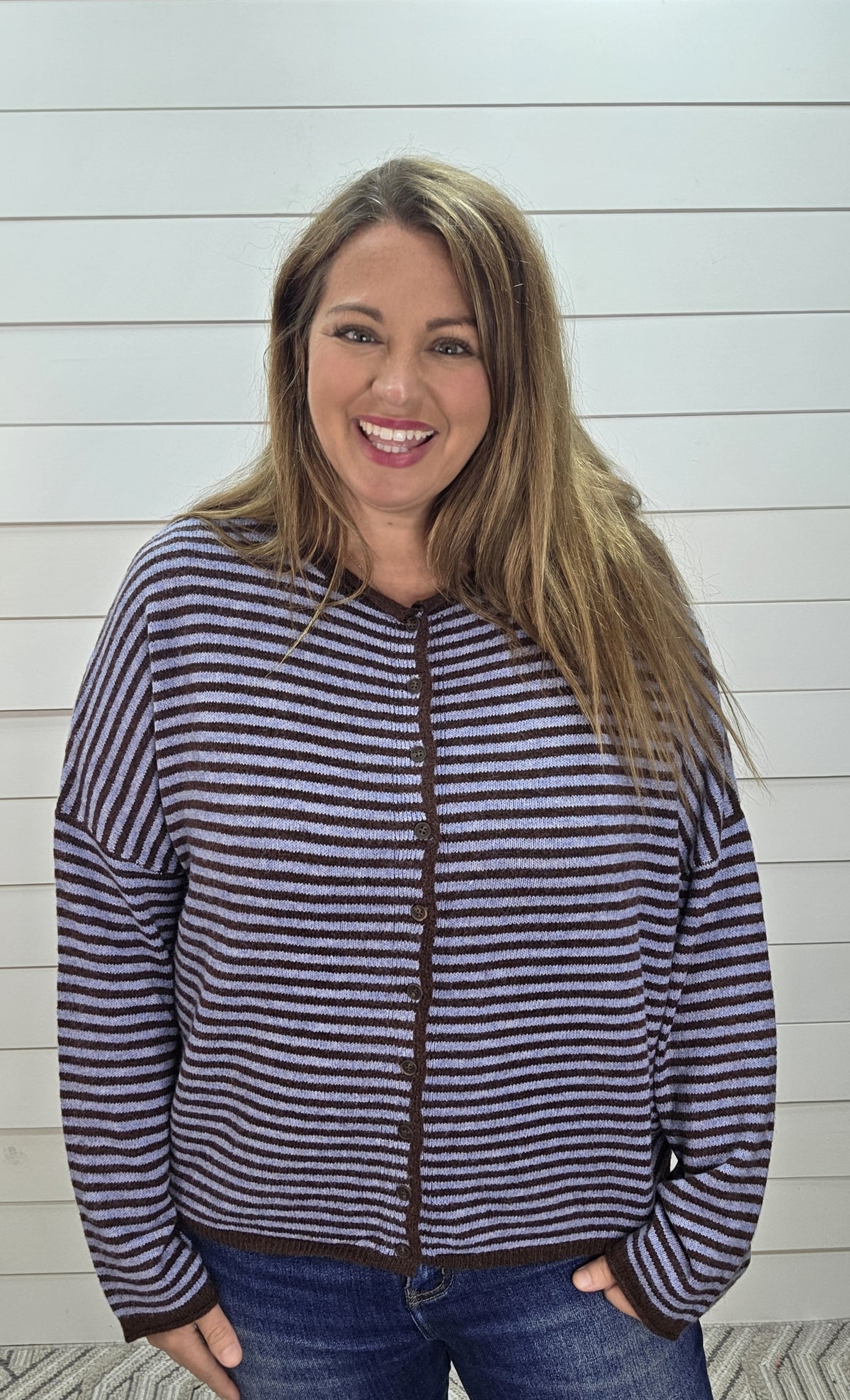BLUE/BROWN STRIPED FULL BUTTON CARDIGAN/SWEATER