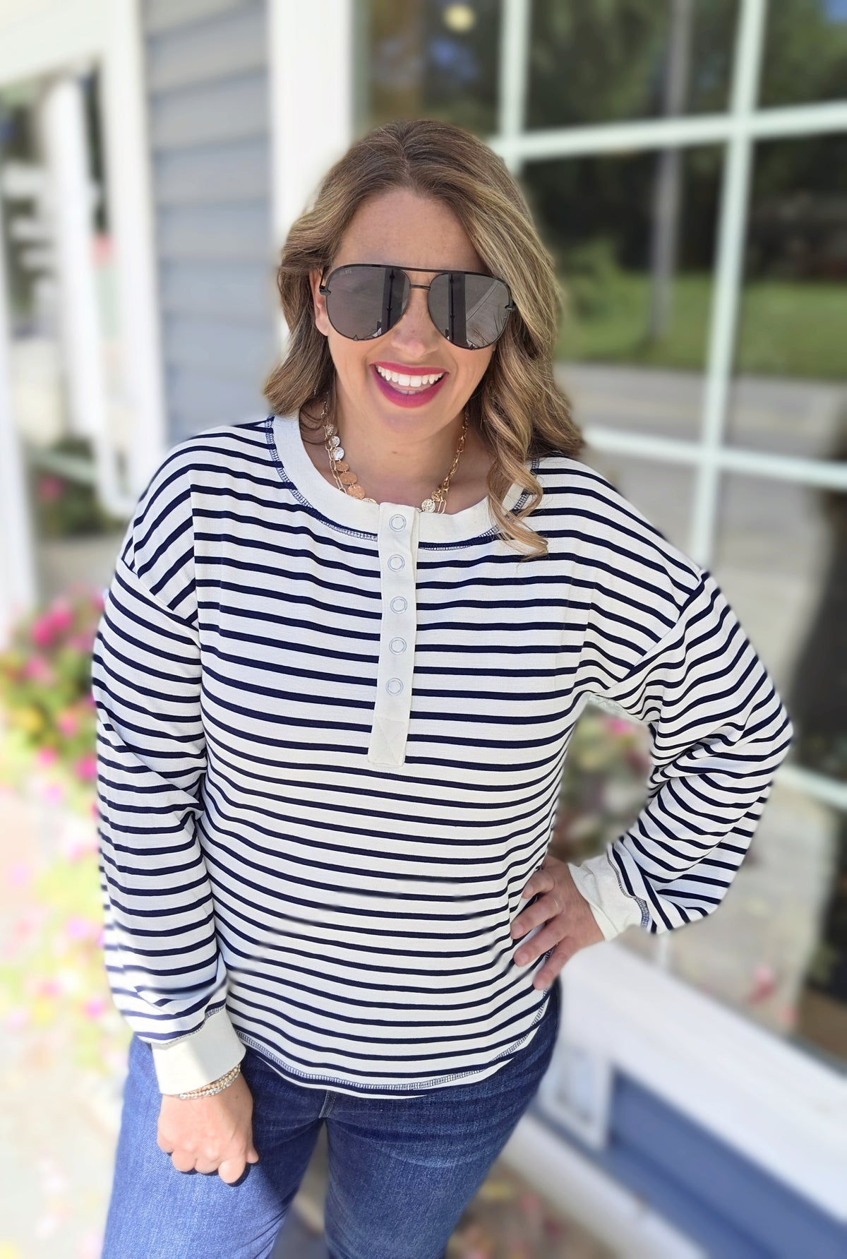 NAVY/CREAM STRIPED SNAP BUTTON HENLEY TOP