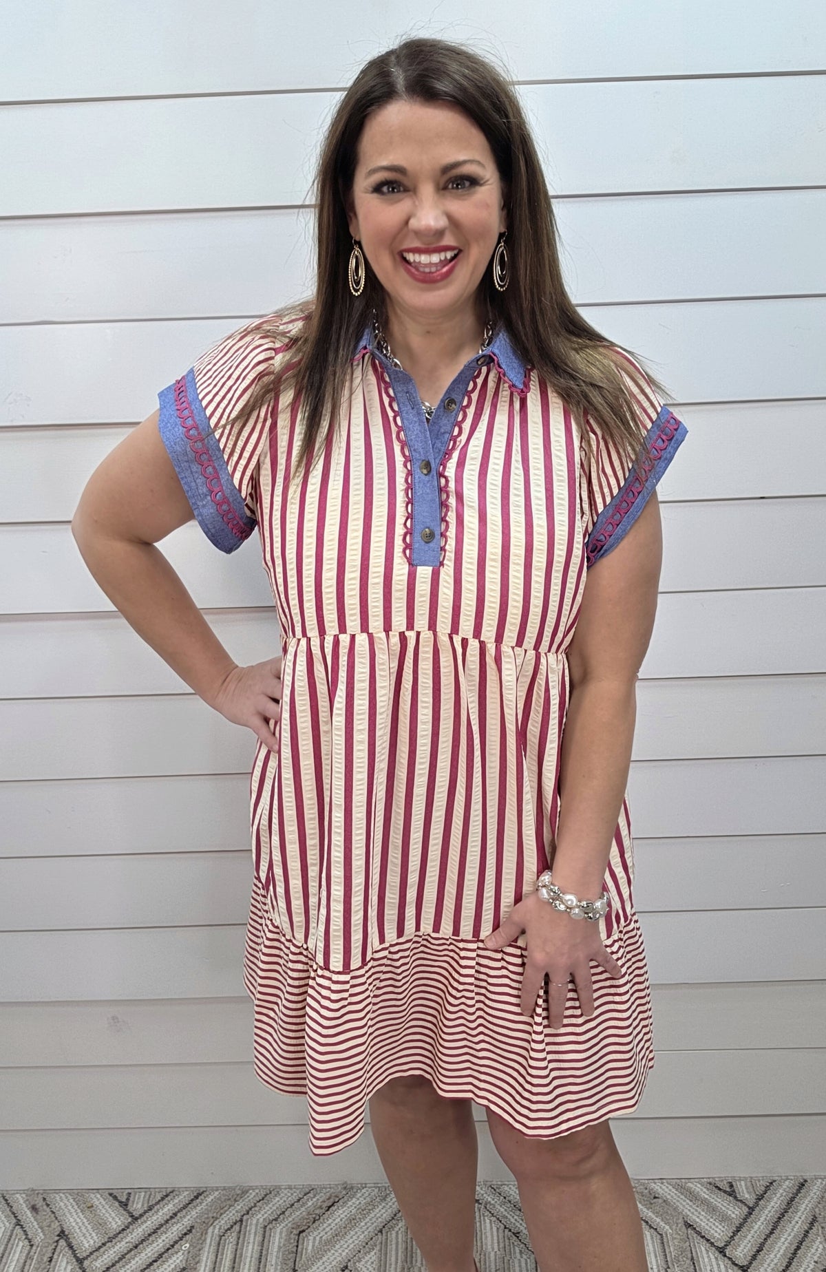 PINK VERTICAL STRIPED DRESS W/ HENLEY BUTTON AND DENIM TRIM