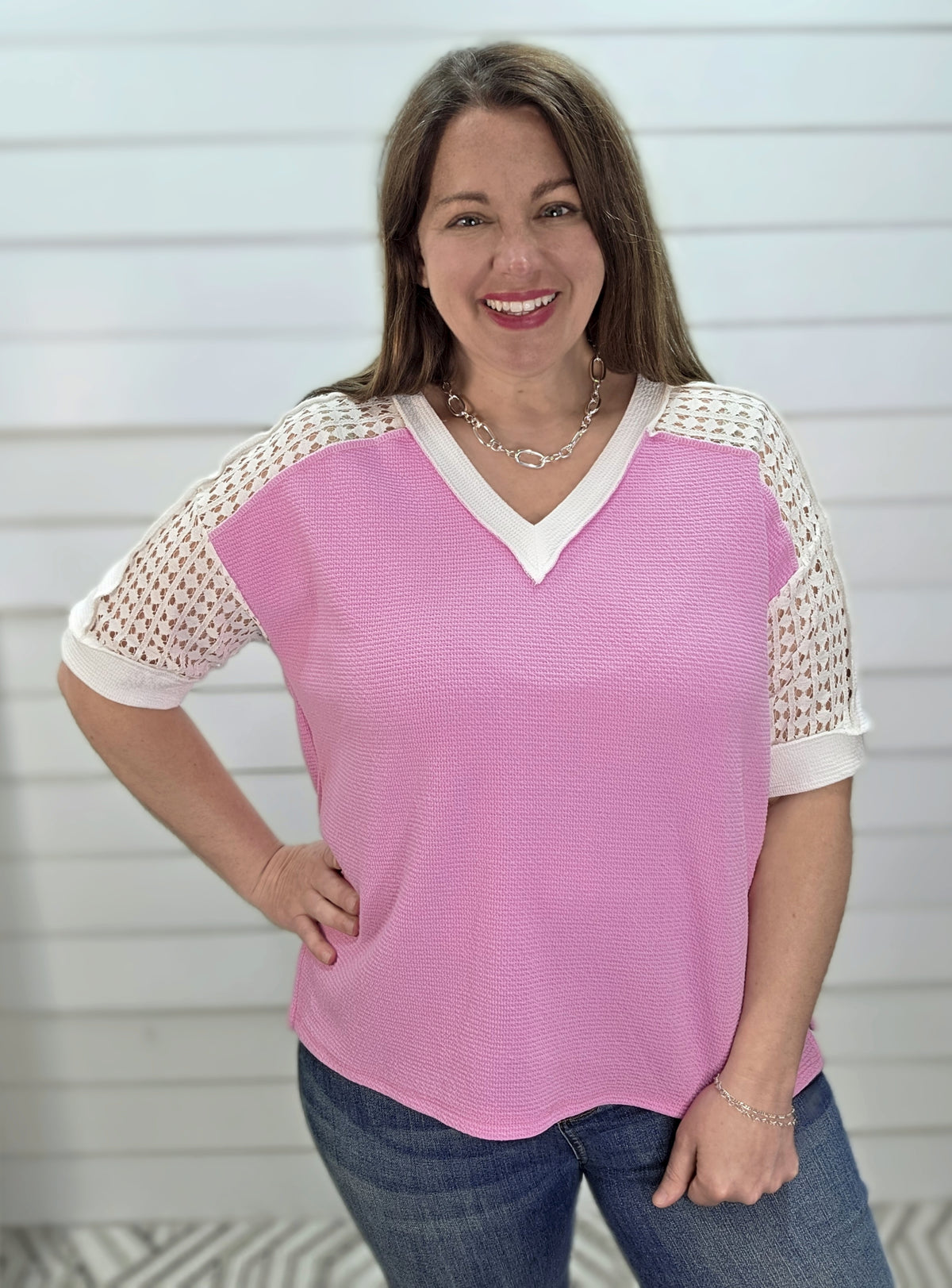 BUBBLE GUM PINK CLOUD FABRIC W/ LACE SLEEVE