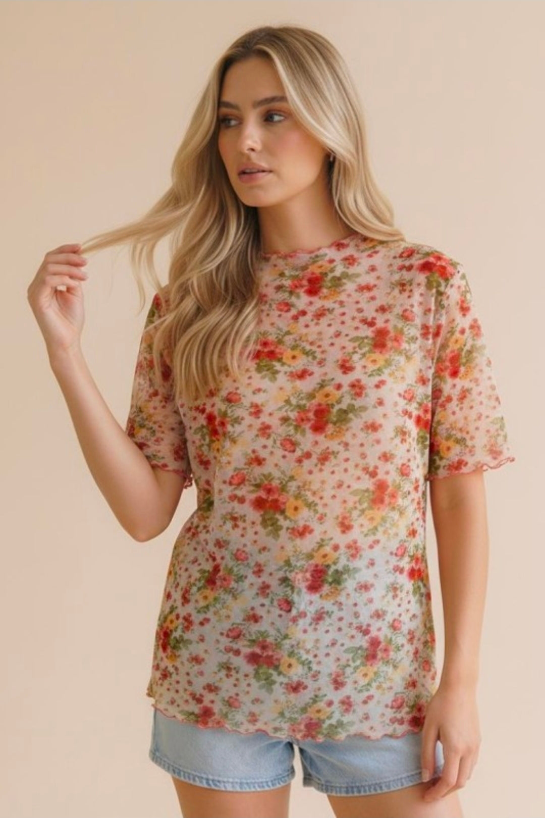 CREAM/DARK CORAL SHORT SLEEVE MESH TOP