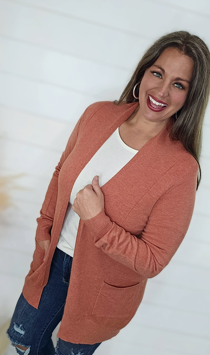 HEATHERED REDWOOD ULTRA SOFT OPEN FRONT CARDIGAN W/ SIDE POCKETS