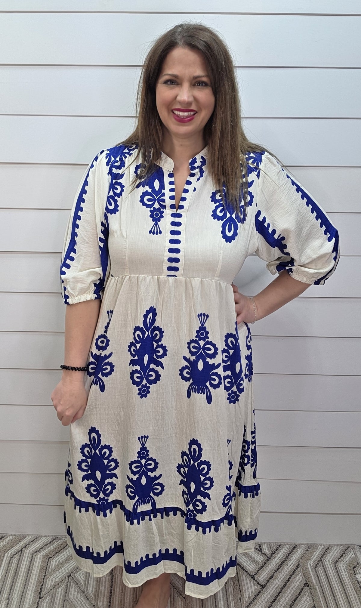CREAM/BLUE ABRACT PRINT LONG DRESS Brooch Boutique CREAM/BLUE ABRACT PRINT LONG DRESS Brooch Boutique