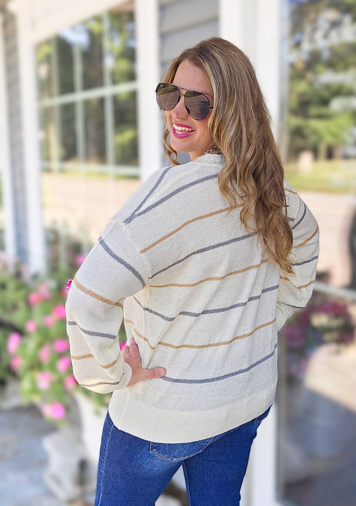CREAM/GREY/CAMEL STRIPED LIGHT WEIGHT SWEATER