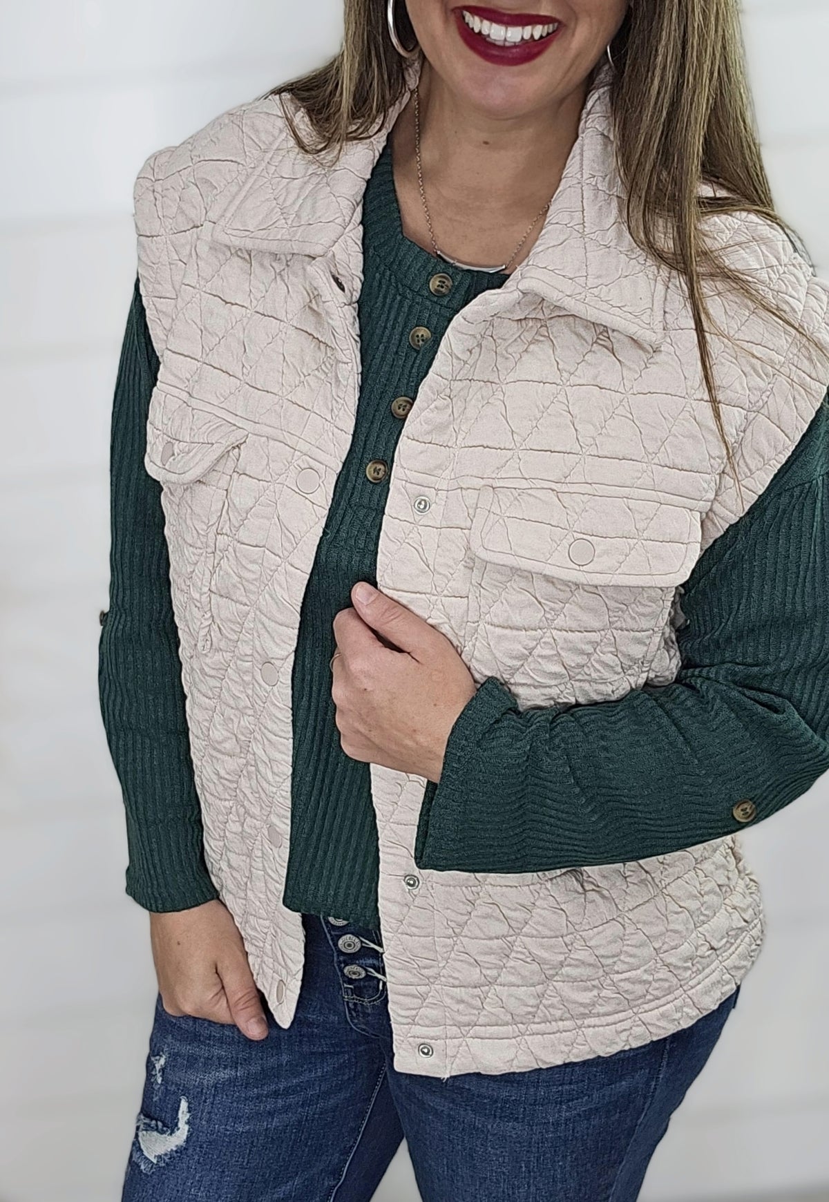 OATMEAL QUILTED SNAP BUTTON VEST