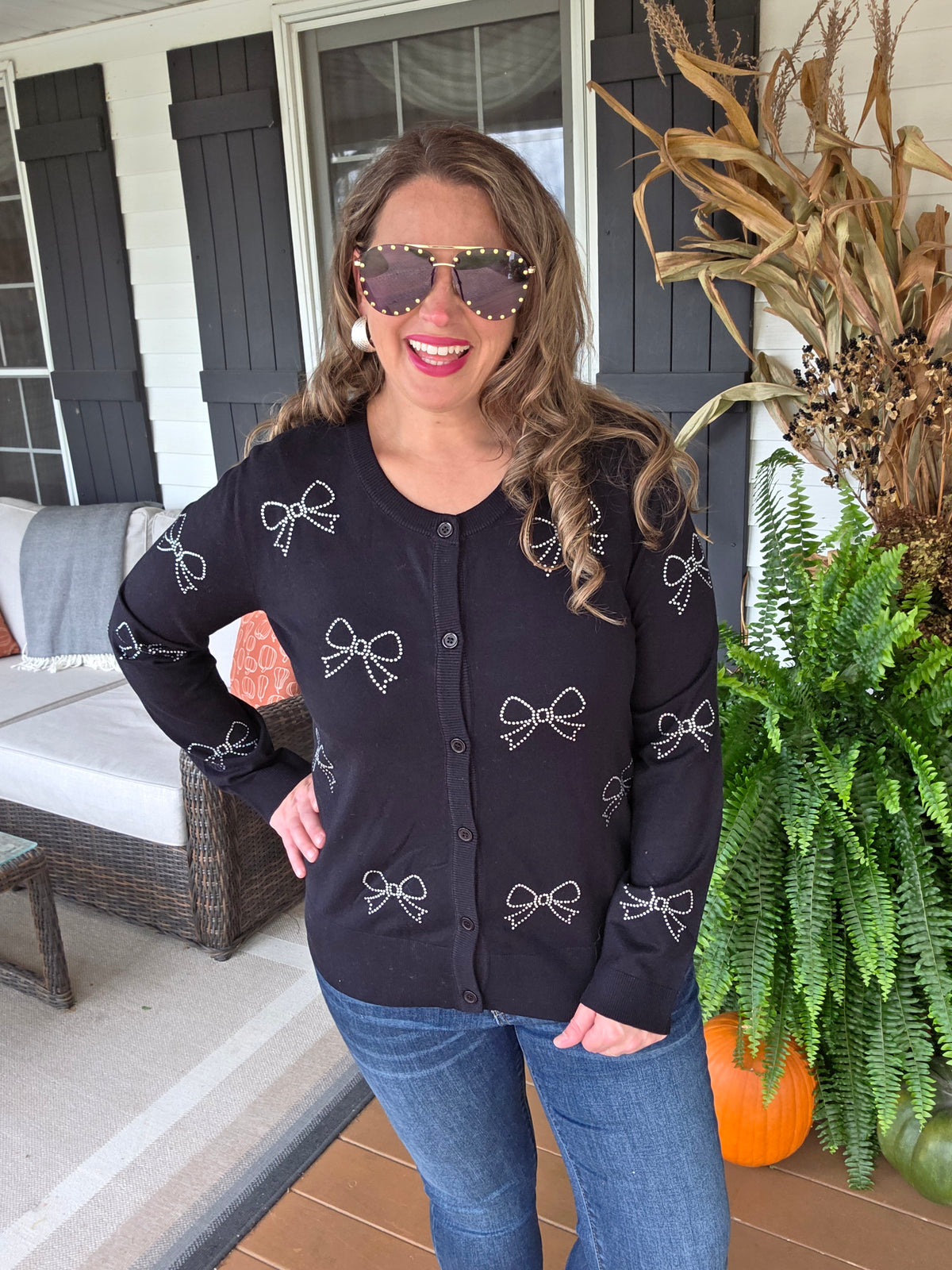 BLACK BOW RHINESTONE BUTTON SWEATER