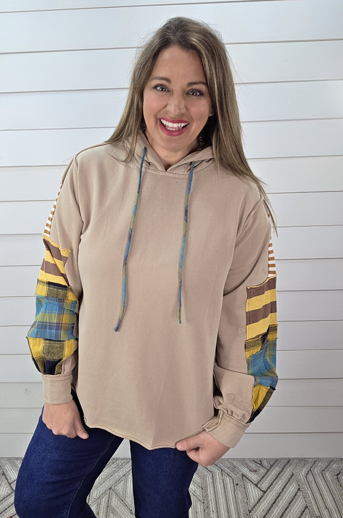 KHAKI FRENCH TERRY PLAID MIX CONTRAST OVERSIZED HOODIE