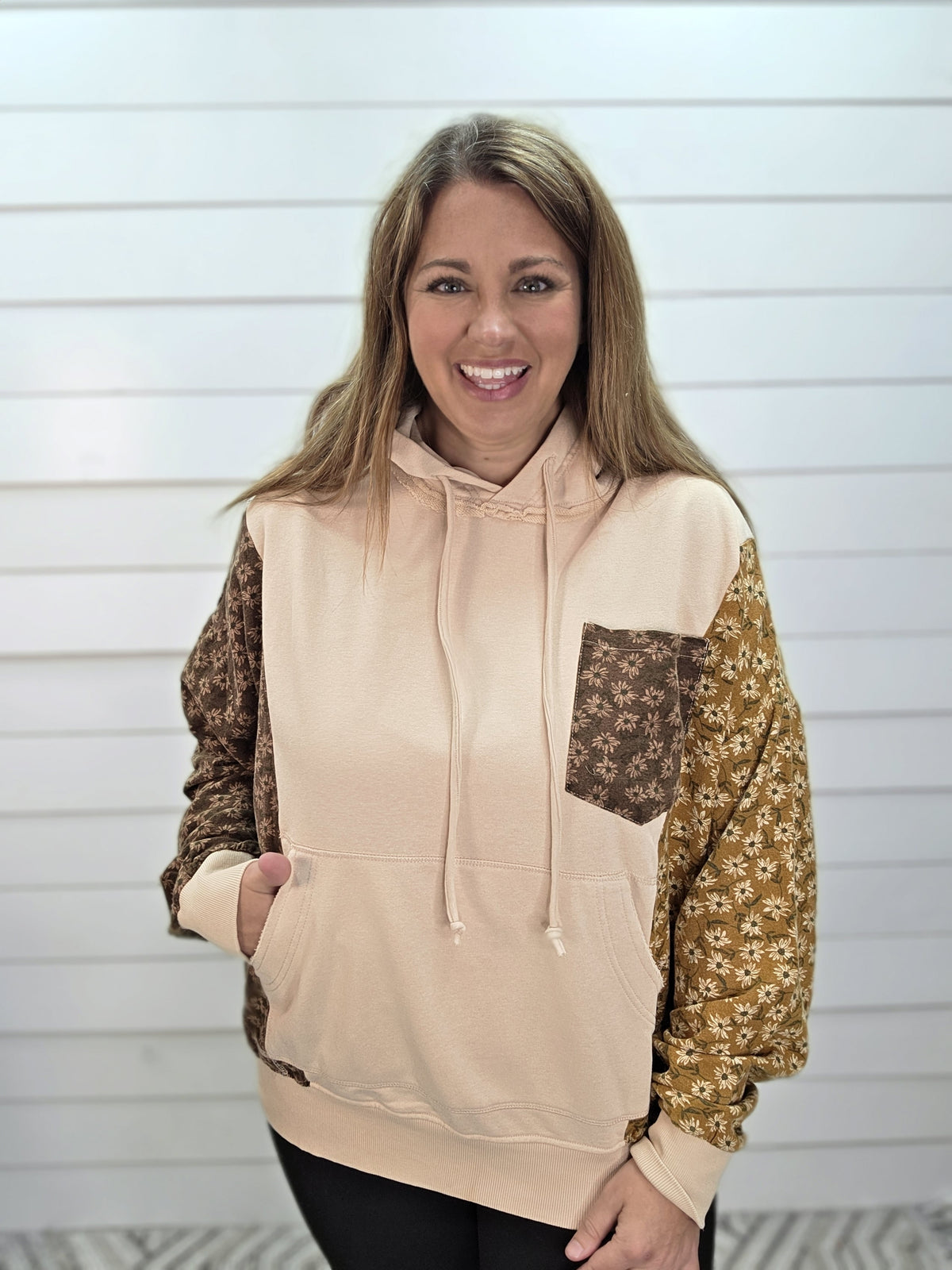 OATMEAL FLORAL COLORBLOCK OVERSIZED FRENCH TERRY HOODIE