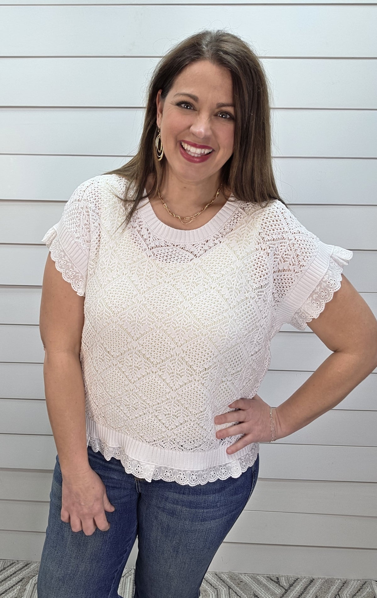 WHITE OPEN KNIT SHORT SLEEVE SWEATER W/ CROCHET LACE TRIM