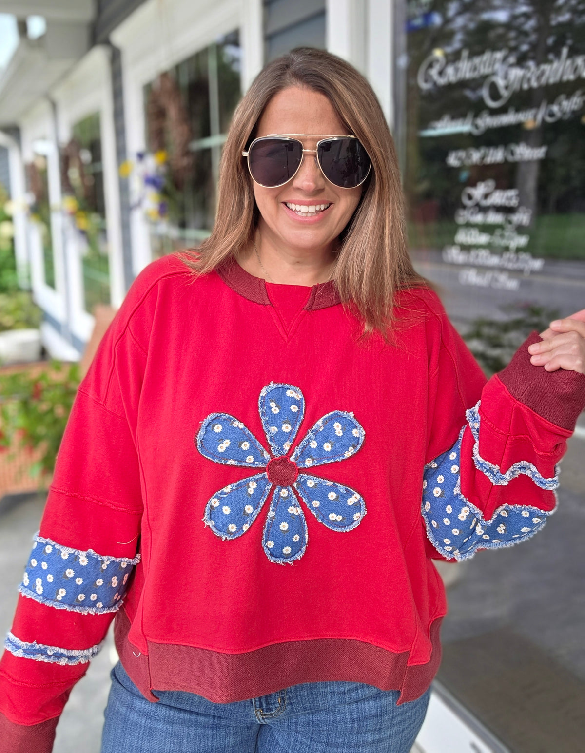 RED DENIM FLORAL FRENCH TERRY KNIT TOP