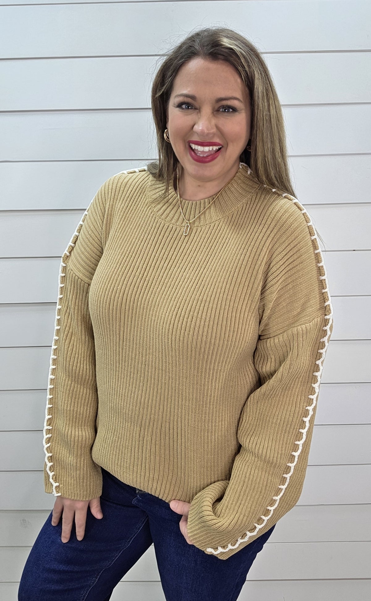 TAUPE STITCH DETAIL LOOSE FIT PULLOVER SWEATER