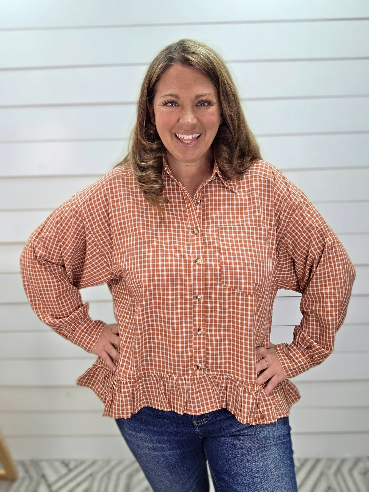 CHESTNUT PLAID BUTTON DOWN RUFFLE TOP