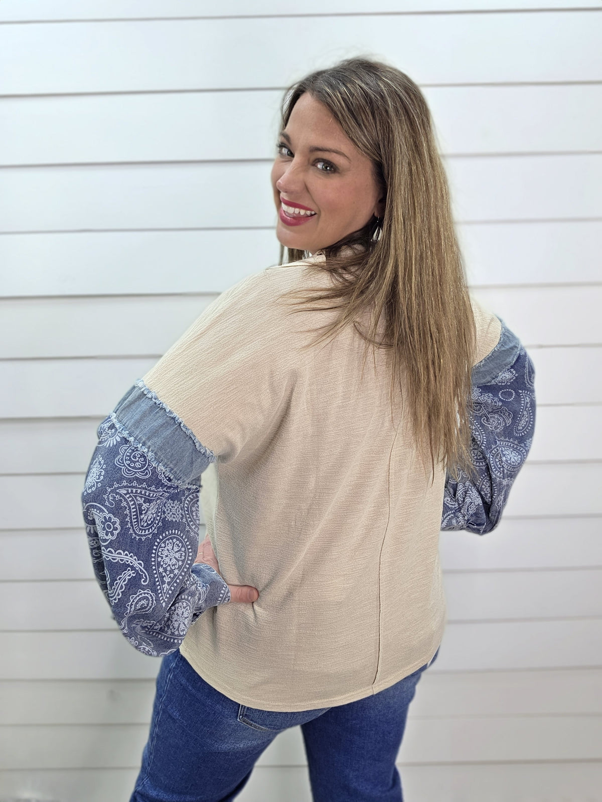 BEIGE COTTON TOP W/ DENIM/PAISLEY CONTRAST