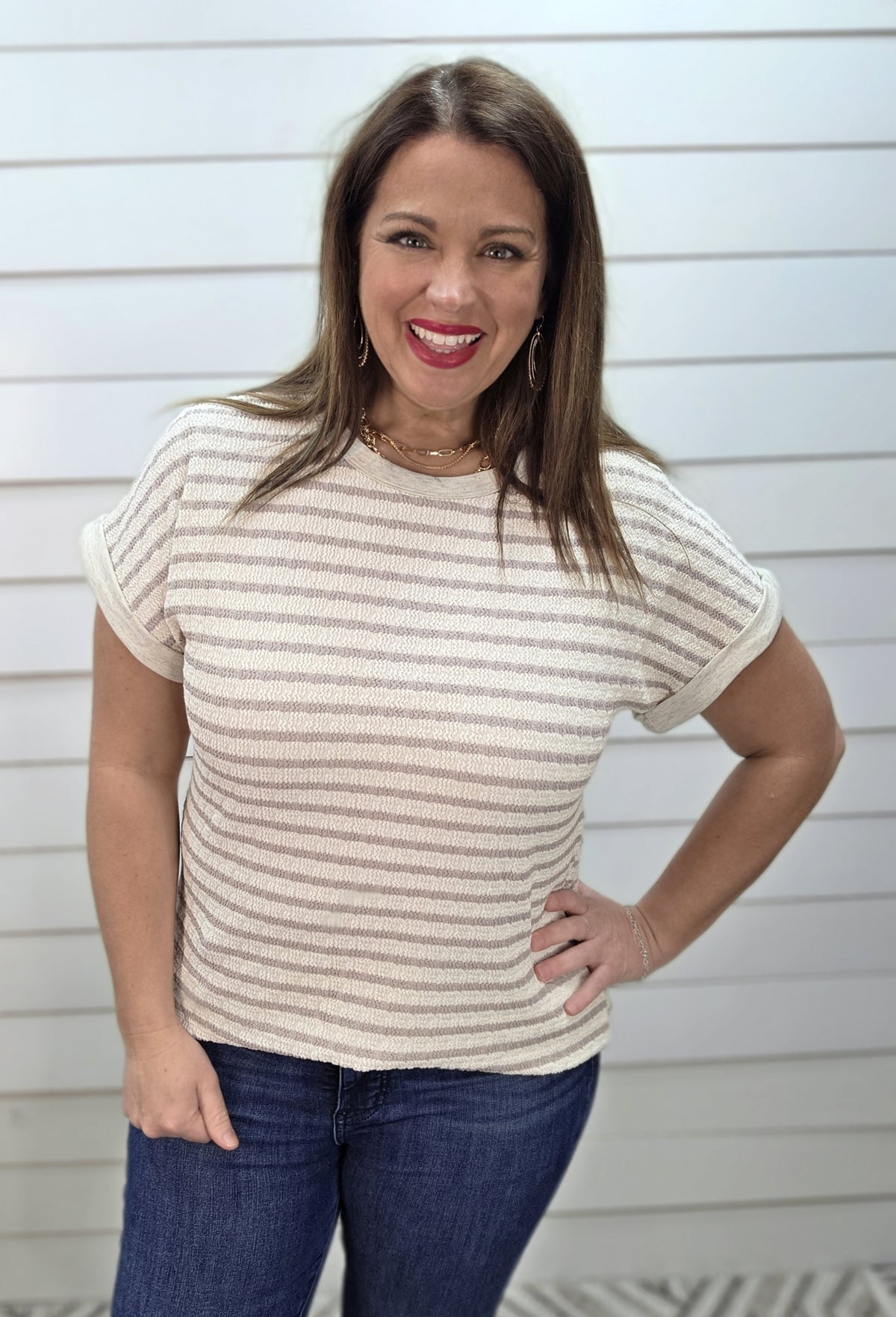 CREAM/TAUPE STRIPED TEXTURED KNIT TOP