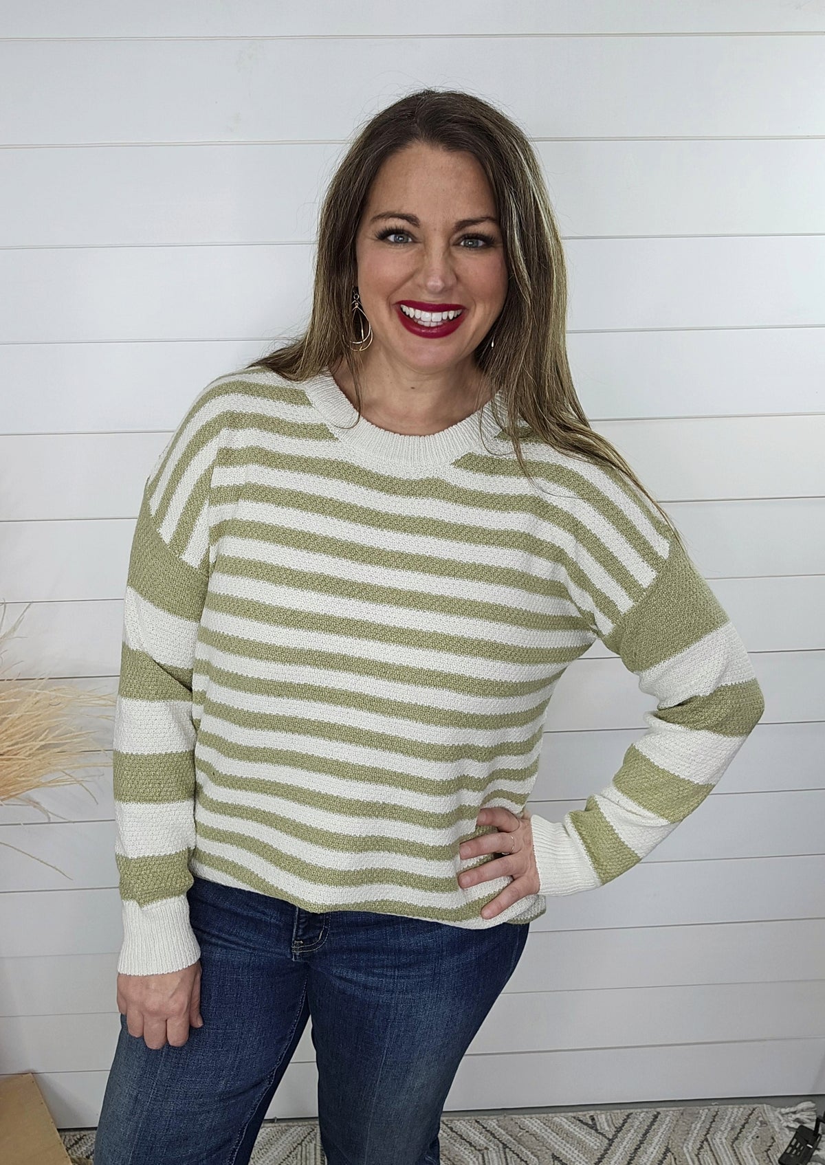 SAGE TEXTURED MULTI STRIPED LONG SLEEVE CREW NECK SWEATER