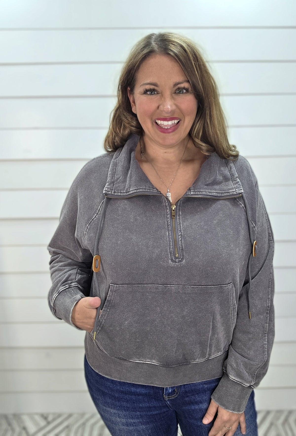 WASHED GREY QUARTER ZIP PULLOVER