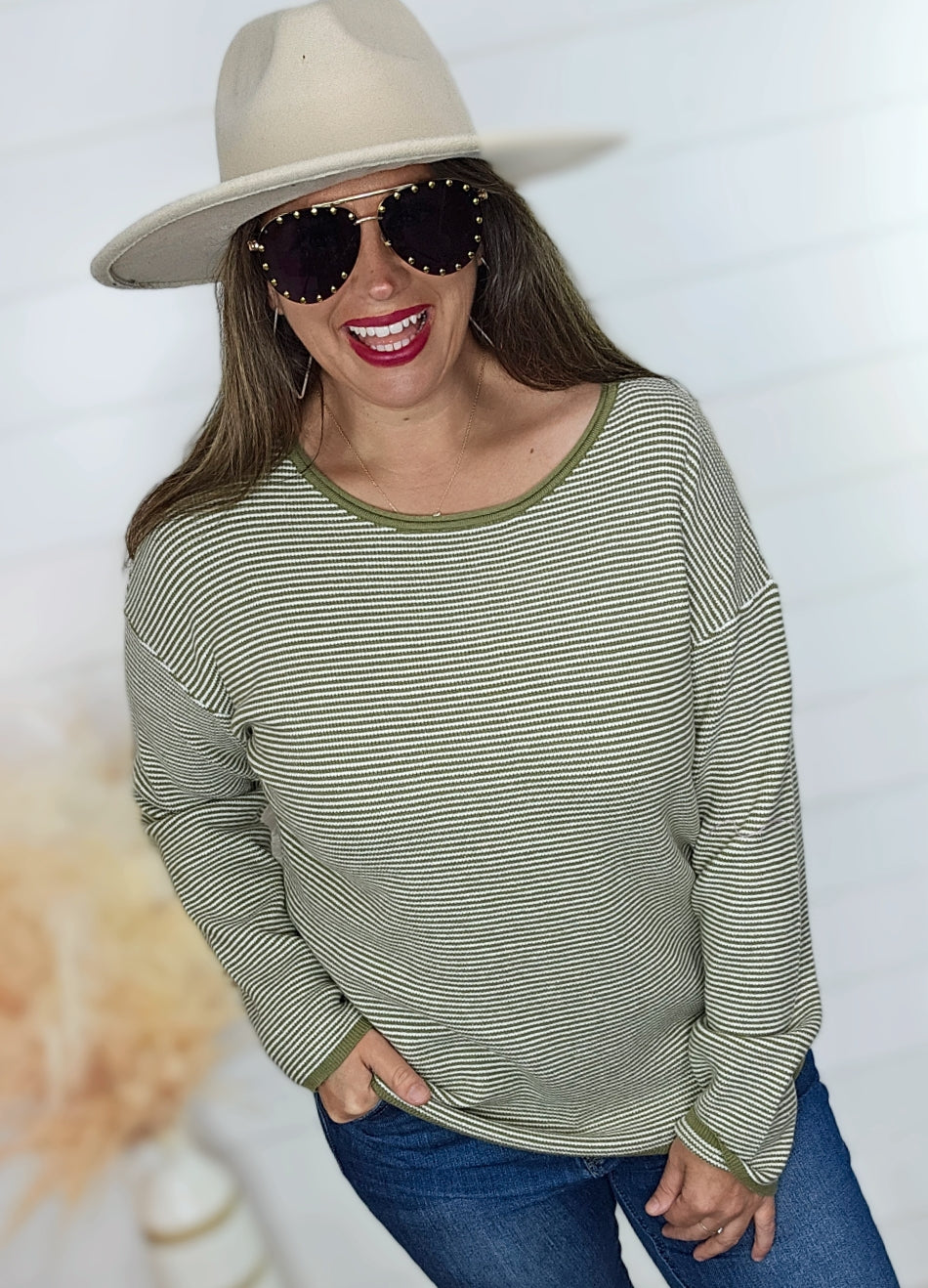 SAGE WAFFLE TEXTURED STRIPED PULL OVER SWEATER